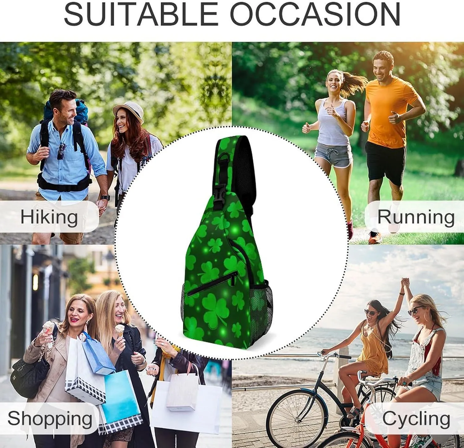 Casual Sling Bag Backpack, Rope Bag, for St Patricks Day Green Shamrock Clover Leaf Grass Shoulder Chest Crossbody Bag, Carry On Bag, Ipad Casual Carrying Tote Case Crossbody Travel Bag for Man/Women