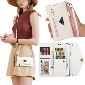CCSamll Crossbody Wallet Case for Samsung Galaxy S25 5G for Women, Zipper Pocket Purse Handbag Neck Strap Lanyard Cover with 9 Card Slot Holder Case for Samsung S24 / S25 XK White