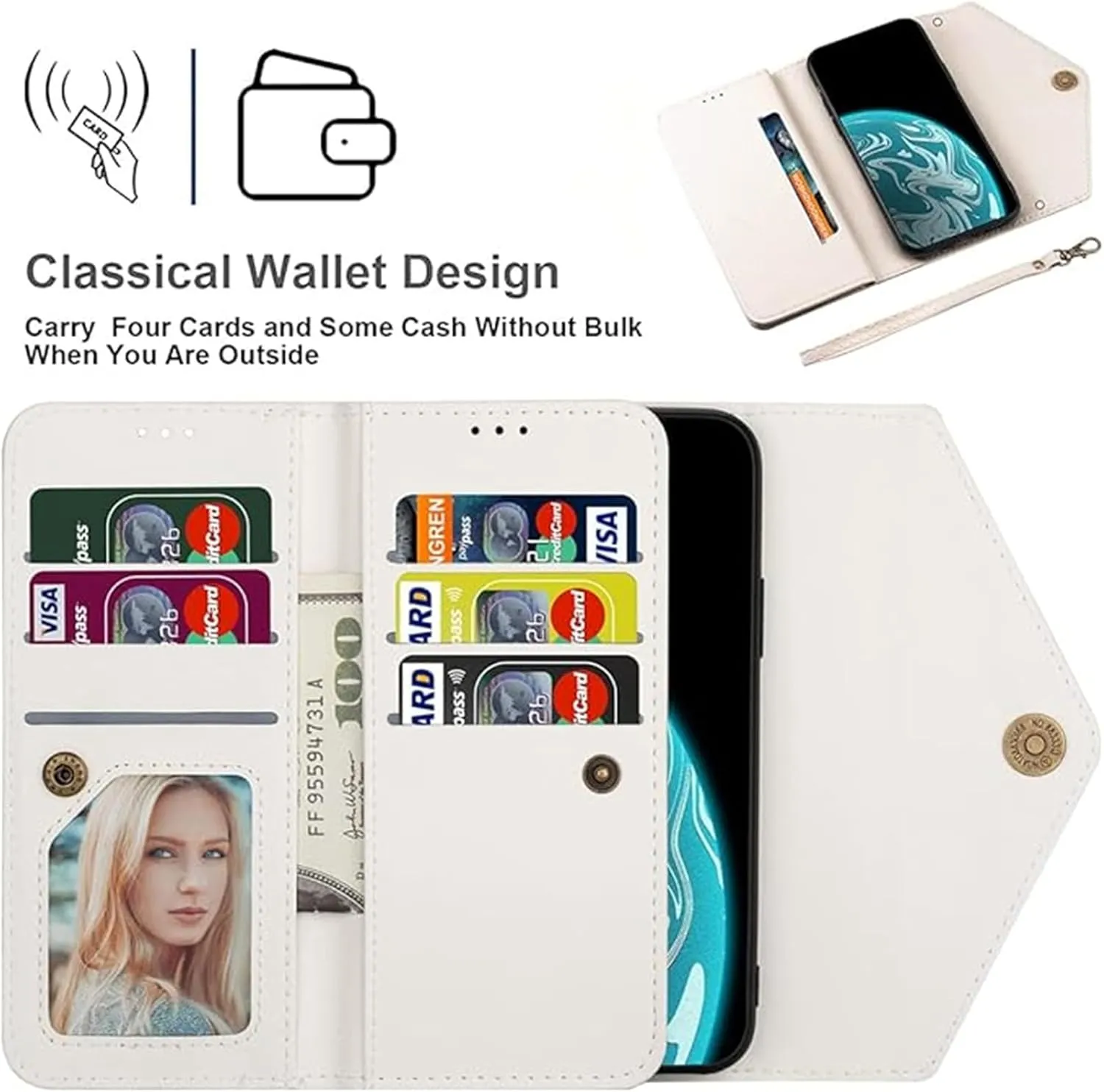 CCSamll Crossbody Wallet Case for Samsung Galaxy S25 5G for Women, Zipper Pocket Purse Handbag Neck Strap Lanyard Cover with 9 Card Slot Holder Case for Samsung S24 / S25 XK White