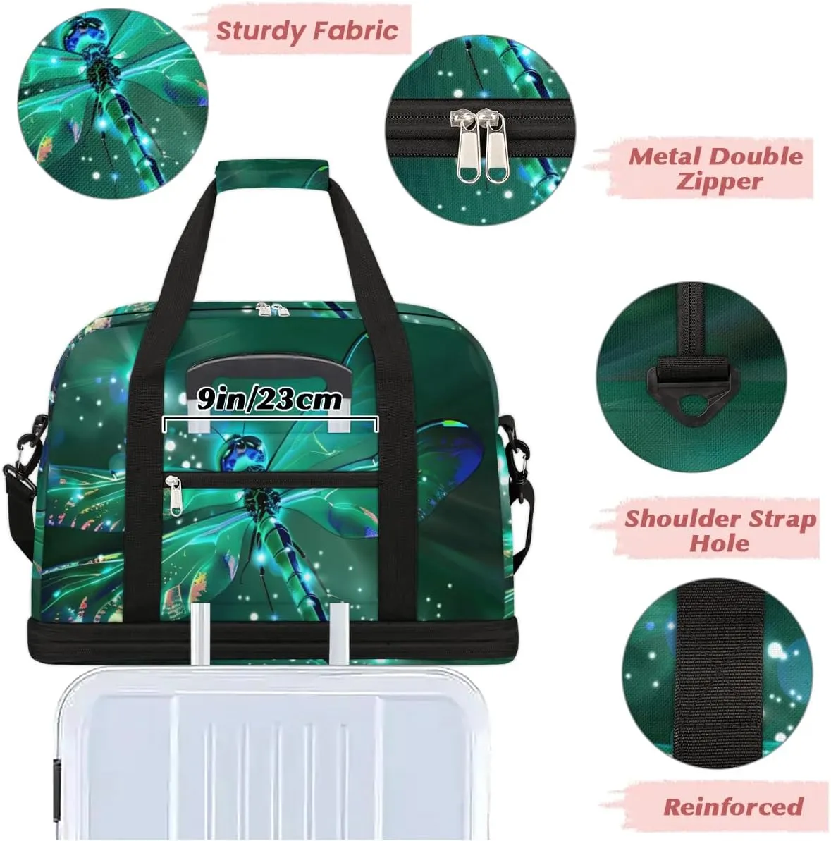 cfpolar Woman Travel Duffel Bag Dragonfly Foldable Tote Carry On Luggage Sports Gym Bag With Shoe Compartment Overnight Weekend Yoga Workout Bag Training Handbag