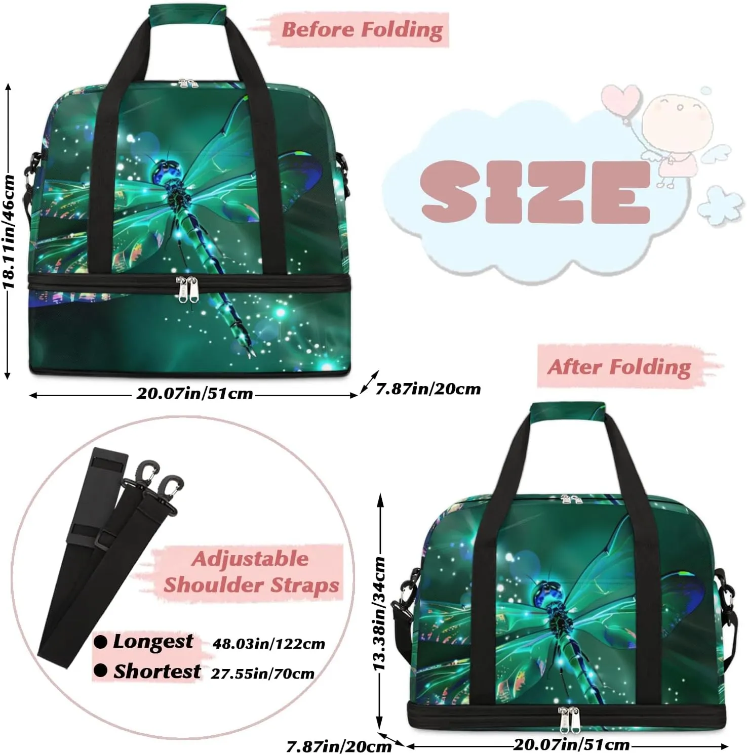 cfpolar Woman Travel Duffel Bag Dragonfly Foldable Tote Carry On Luggage Sports Gym Bag With Shoe Compartment Overnight Weekend Yoga Workout Bag Training Handbag
