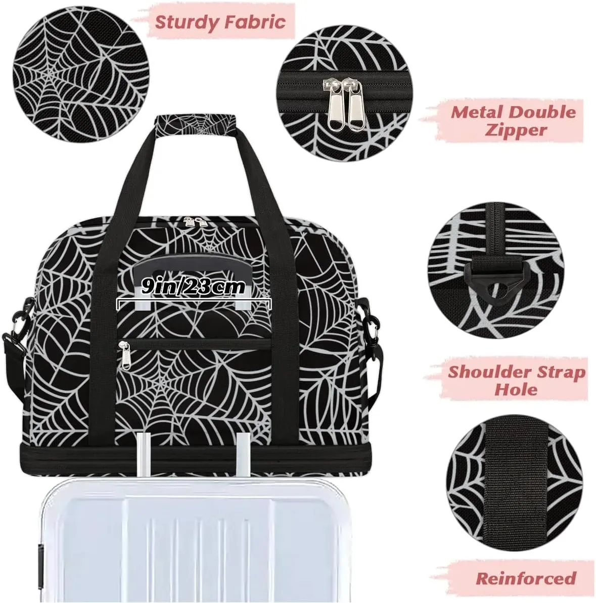 cfpolar Woman Travel Duffel Bag Halloween Spider Web Foldable Tote Carry On Luggage Sports Gym Bag With Shoe Compartment Overnight Weekend Yoga Workout Bag Training Handbag