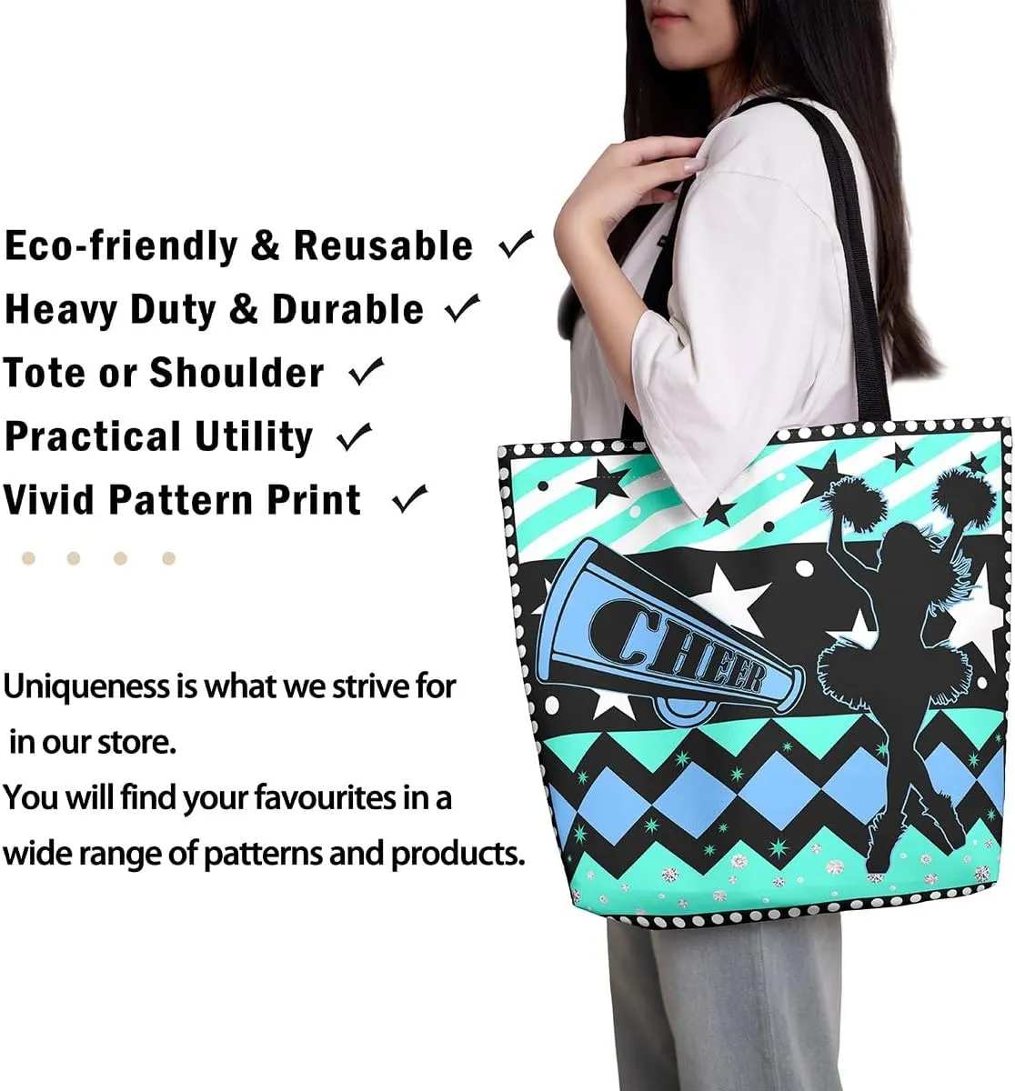 Cheer Canvas Tote Bag Cheerleading Flower Balls Shoulder Bag Sports Cheerleader Reusable Grocery Bag