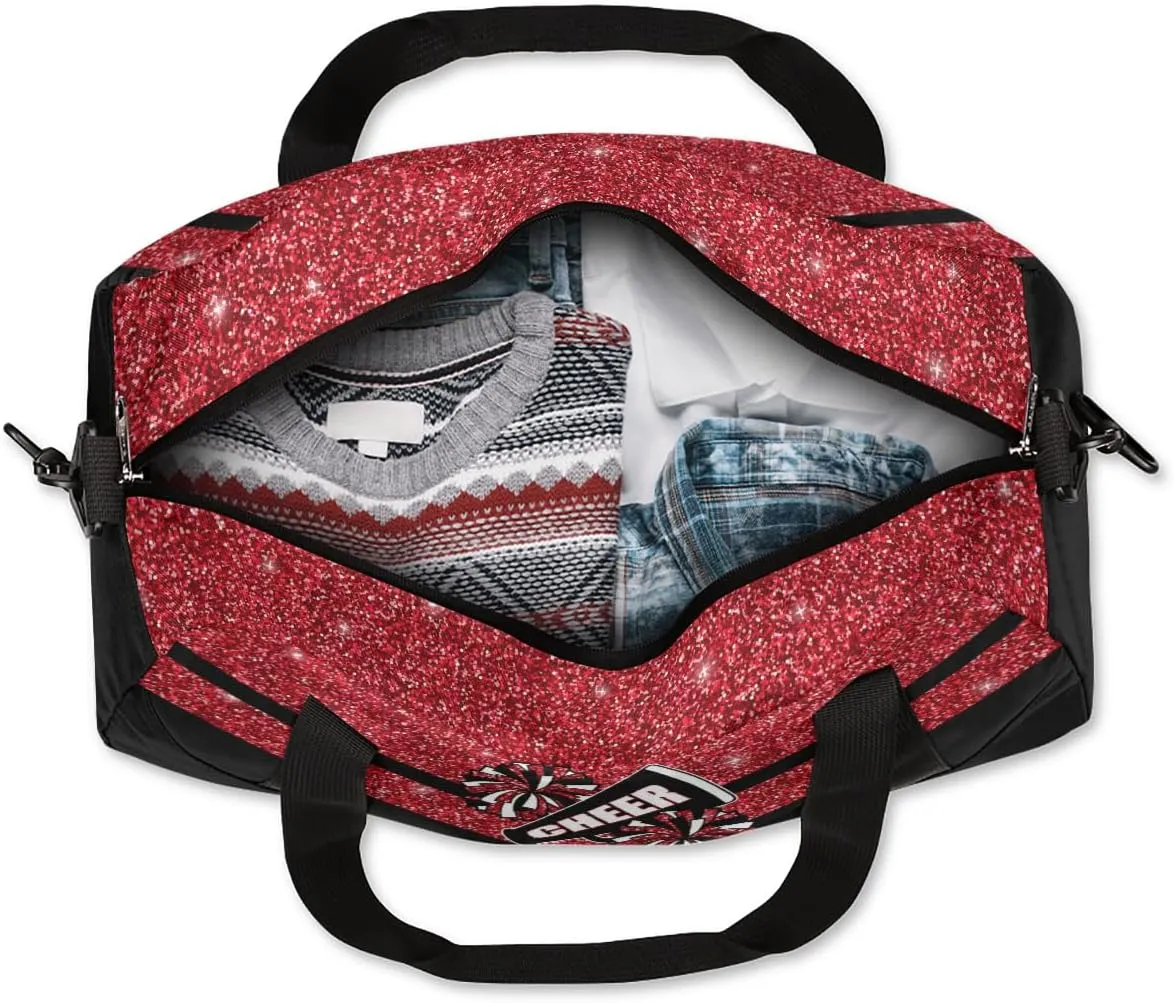 Cheerleading Kids Overnight Duffel Bags for Girls Red Glitter Sport Gym Bag Duffel Bag for Travel Weekender Practice Gymnastics Ballet School Gym Sleepover Bag
