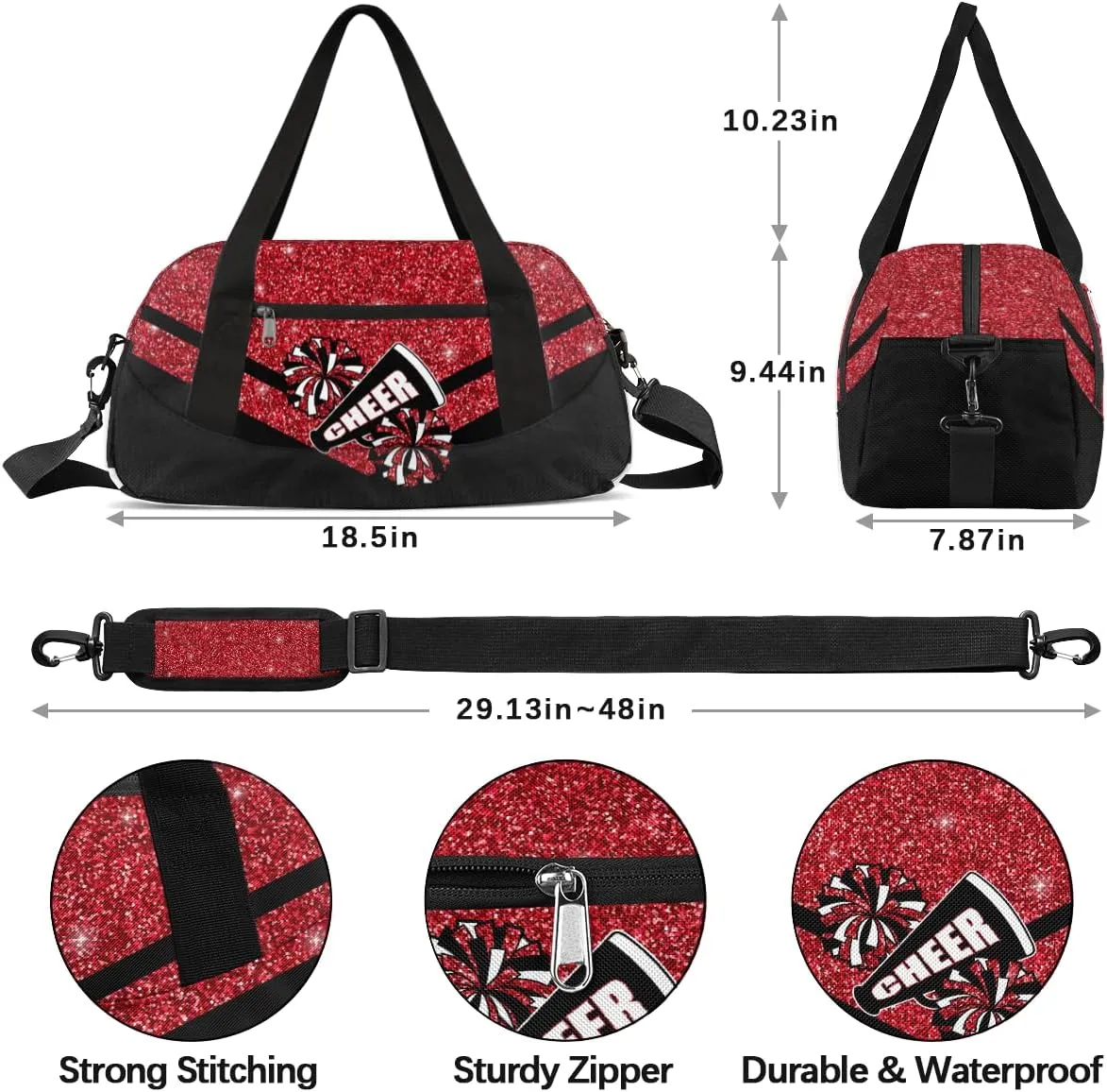 Cheerleading Kids Overnight Duffel Bags for Girls Red Glitter Sport Gym Bag Duffel Bag for Travel Weekender Practice Gymnastics Ballet School Gym Sleepover Bag