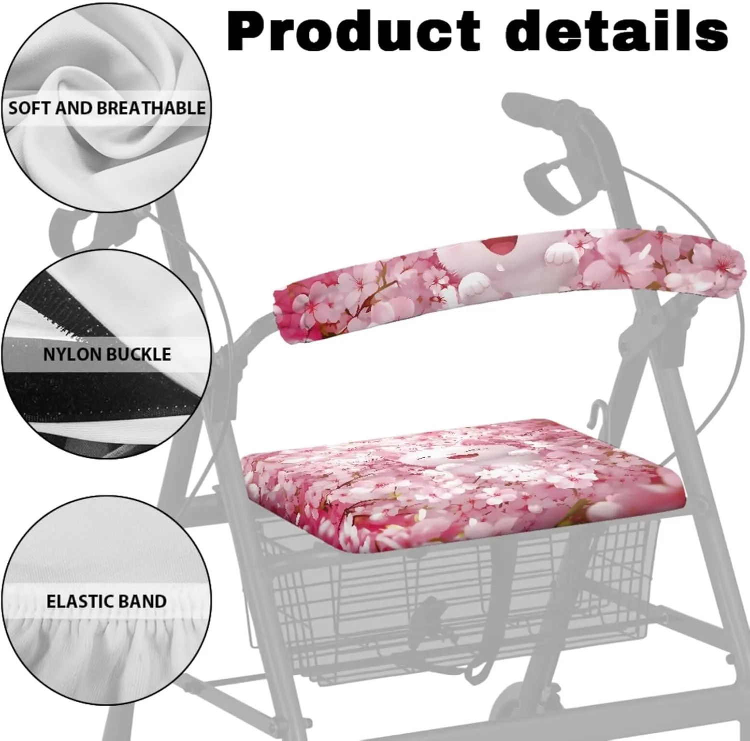 Cherry Blossom White Cat 3Pcs Rollator Walker Basket and Seat Backrest Rollbar Covers Sets Rollbar Accessories Set for Seniors Drive Rollator Decor Covers and Bag