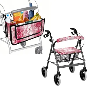 Cherry Blossom White Cat 3Pcs Rollator Walker Basket and Seat Backrest Rollbar Covers Sets Rollbar Accessories Set for Seniors Drive Rollator Decor Covers and Bag