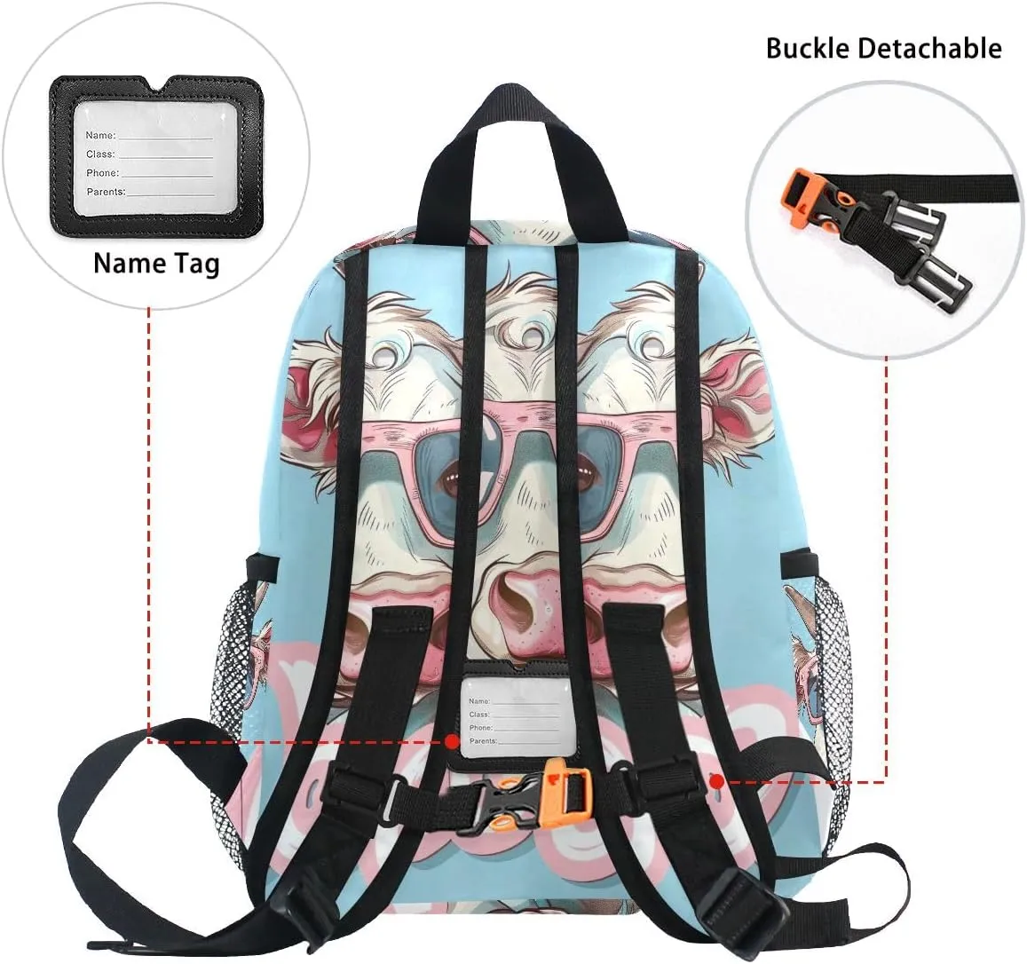 CHIFIGNO Custom Toddler Backpack for Girls and Boys with Name, Cartoon Funny Cow with Sunglasses Personalized Small Backpack Back to School