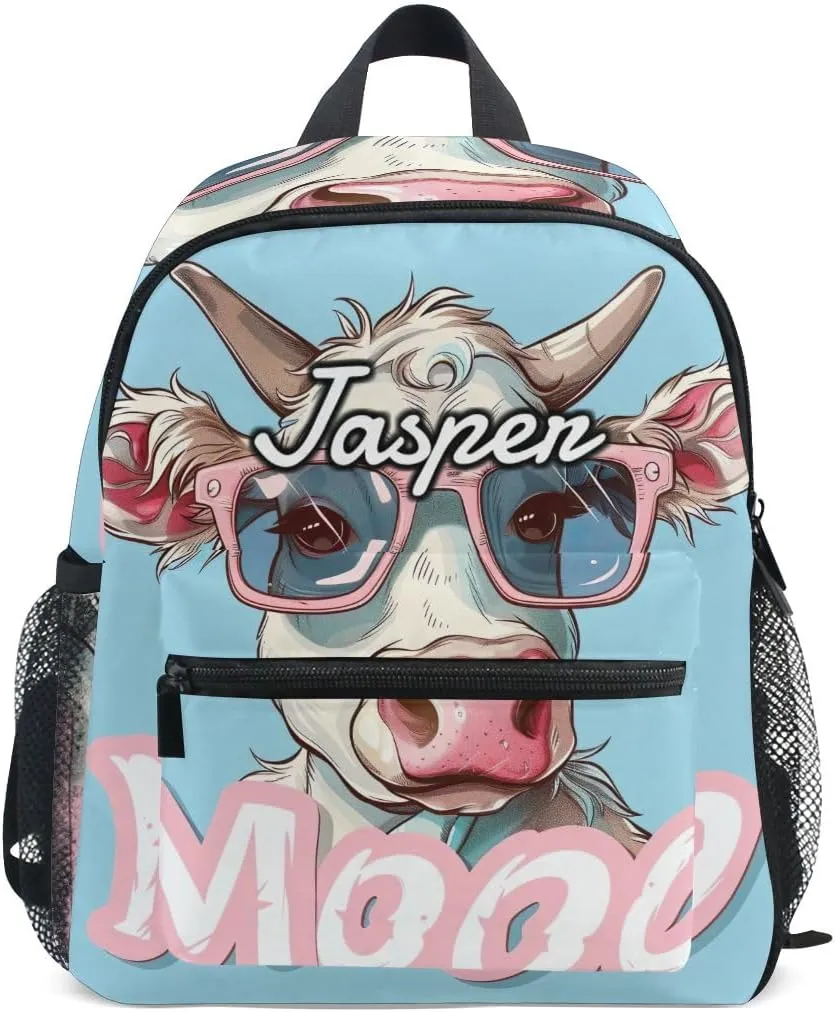 CHIFIGNO Custom Toddler Backpack for Girls and Boys with Name, Cartoon Funny Cow with Sunglasses Personalized Small Backpack Back to School