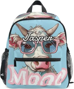 CHIFIGNO Custom Toddler Backpack for Girls and Boys with Name, Cartoon Funny Cow with Sunglasses Personalized Small Backpack Back to School