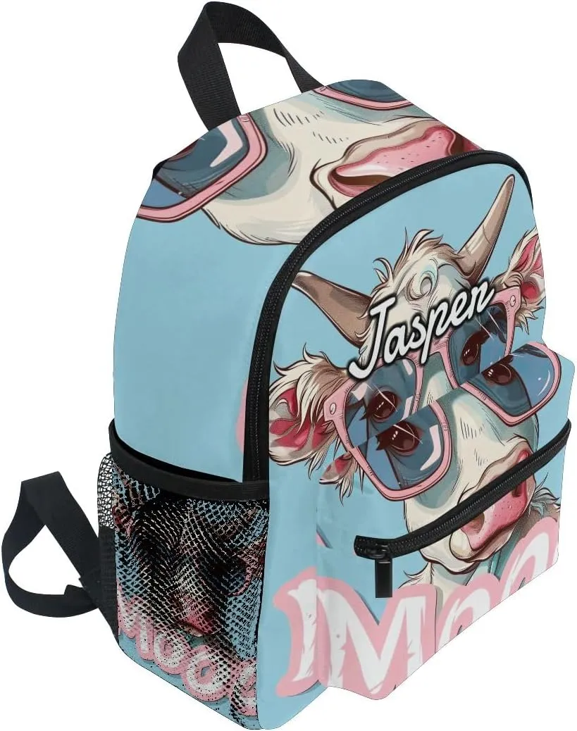 CHIFIGNO Custom Toddler Backpack for Girls and Boys with Name, Cartoon Funny Cow with Sunglasses Personalized Small Backpack Back to School