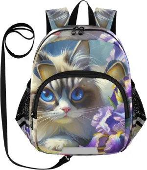 CHIFIGNO Cute Cat Purple Flowers Toddler Boy Backpack with Leash Kids Backpacks Mini Travel Book Bag for Preschool Kindergarten Elementary