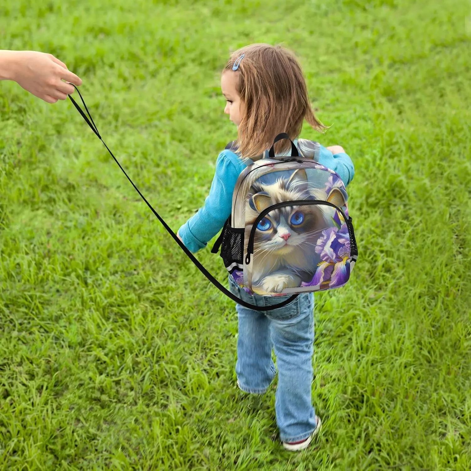 CHIFIGNO Cute Cat Purple Flowers Toddler Boy Backpack with Leash Kids Backpacks Mini Travel Book Bag for Preschool Kindergarten Elementary