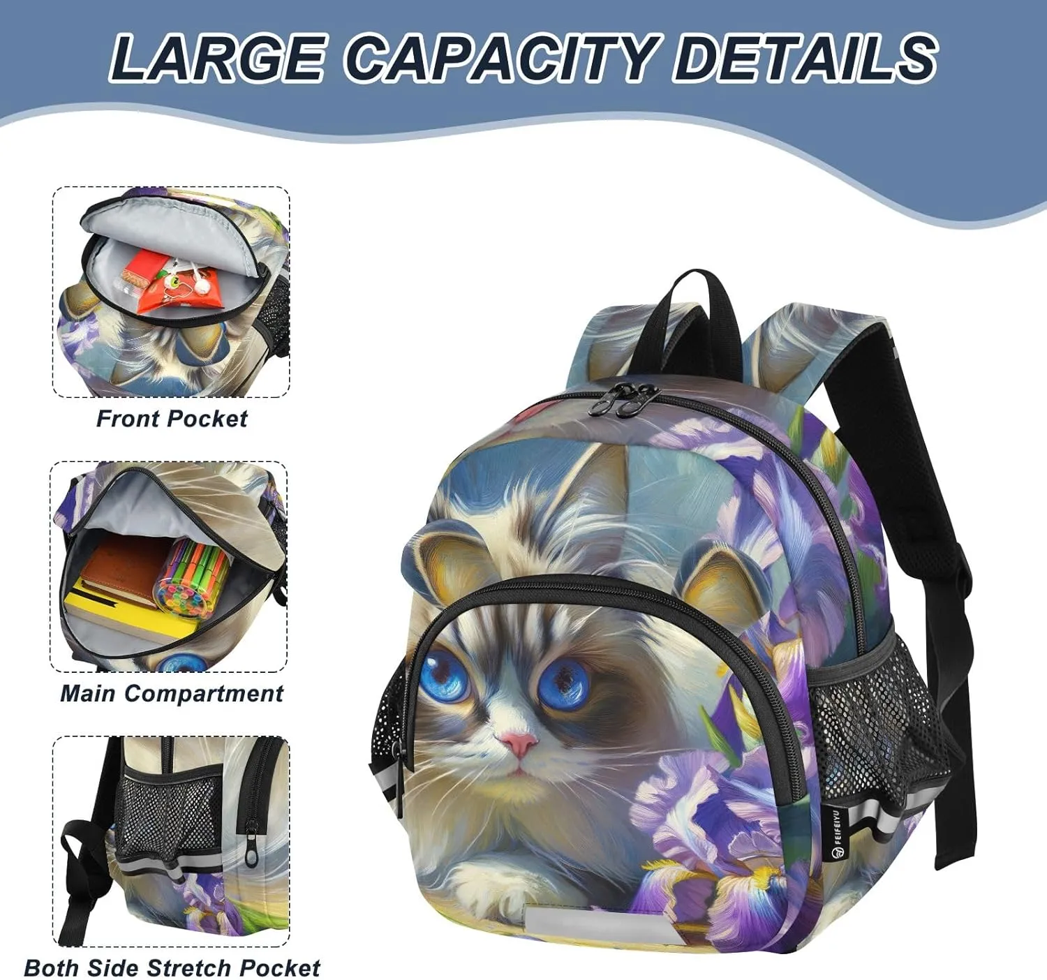 CHIFIGNO Cute Cat Purple Flowers Toddler Boy Backpack with Leash Kids Backpacks Mini Travel Book Bag for Preschool Kindergarten Elementary