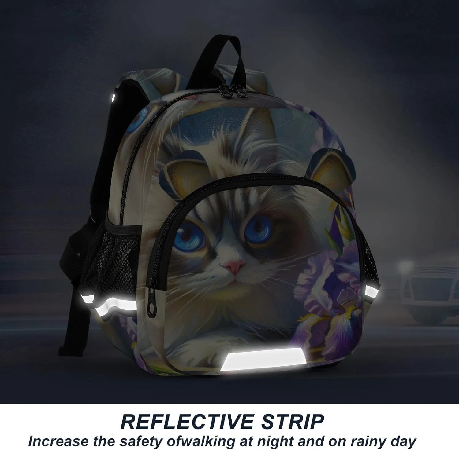 CHIFIGNO Cute Cat Purple Flowers Toddler Boy Backpack with Leash Kids Backpacks Mini Travel Book Bag for Preschool Kindergarten Elementary