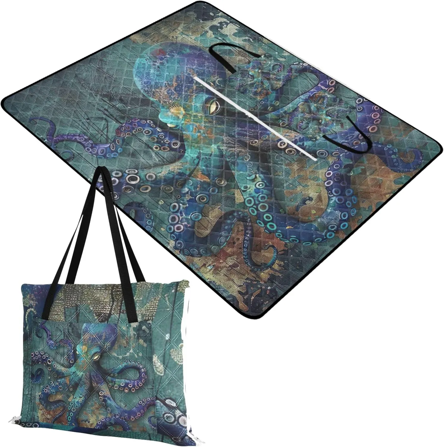 CHIFIGNO Underwater Dream Octopus Foldable Picnic Blanket Cute Beach Blankets Waterproof Sandproof Floral Tent Rugs for Camping Mat 80" x 60"
