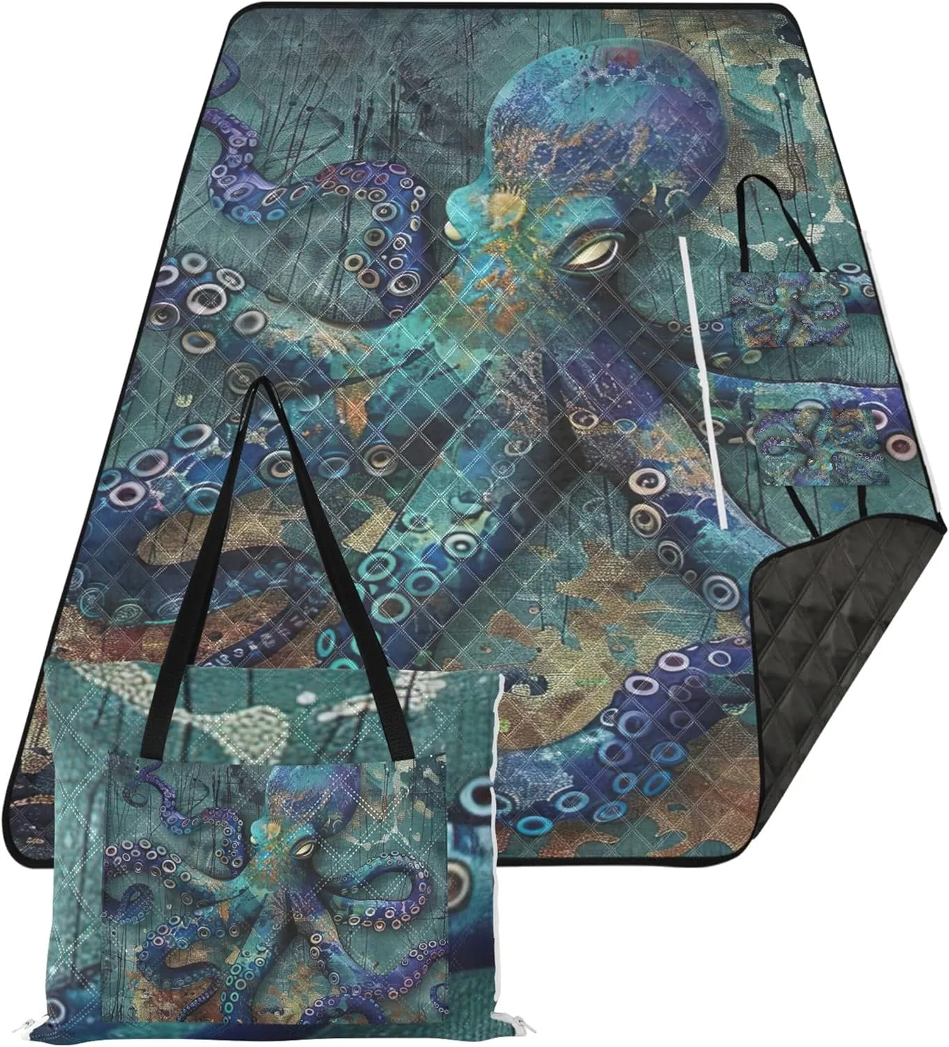 CHIFIGNO Underwater Dream Octopus Foldable Picnic Blanket Cute Beach Blankets Waterproof Sandproof Floral Tent Rugs for Camping Mat 80" x 60"