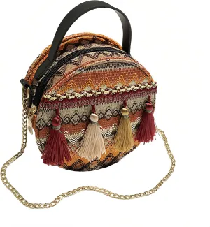 Chinese Ethnic Style Round Bag - Straw Weave, Chain Strap, Crossbody and Handheld, Phone Holder, Large Capacity, Bohemian Style, Gift For Lady, Woman, Girl