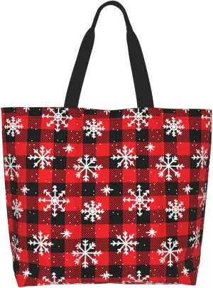 Christmas Bag, Red Christmas Snowflakes Reusable Grocery Bags, Xmas Tote Bag for Women Men Outdoor Shopping,Travel