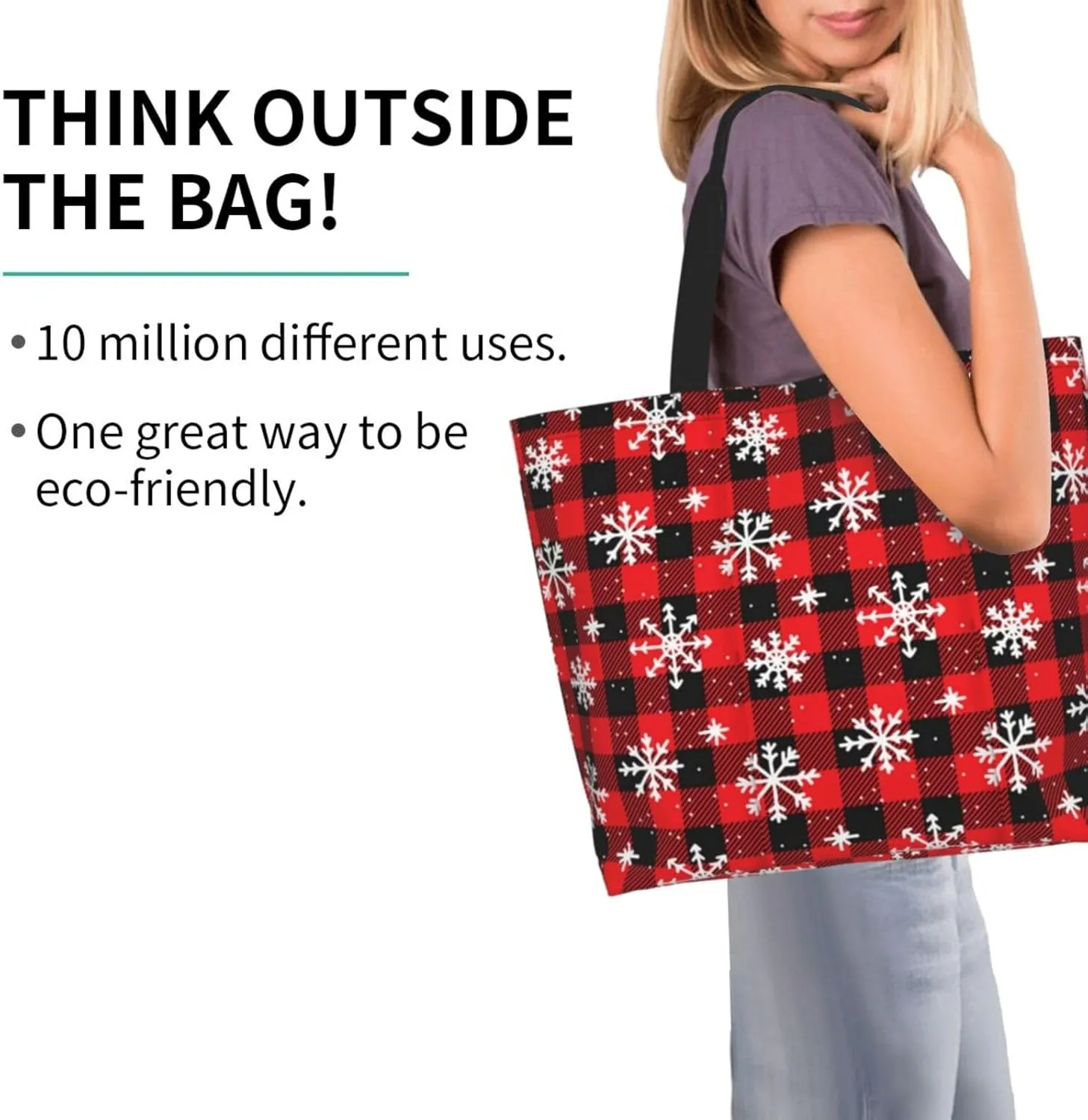 Christmas Bag, Red Christmas Snowflakes Reusable Grocery Bags, Xmas Tote Bag for Women Men Outdoor Shopping,Travel