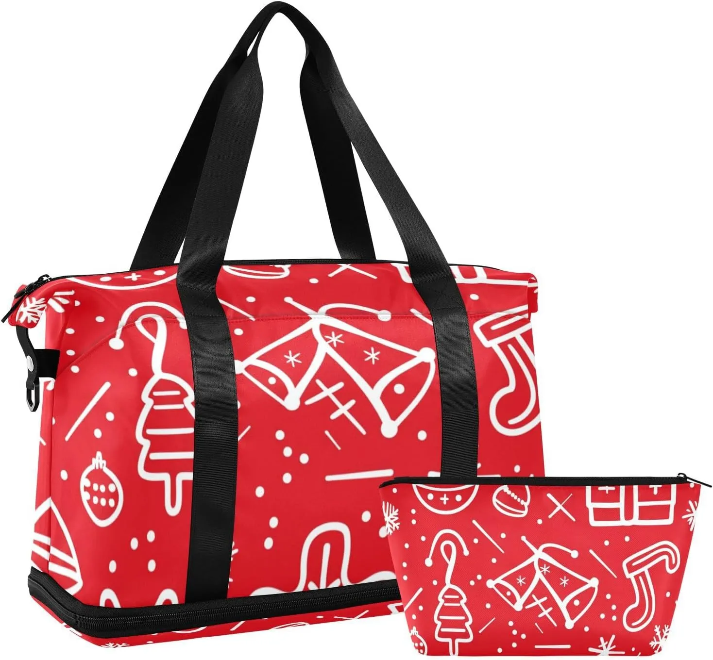 Christmas Decoration Snowflake Bell Red Large Travel Duffel Luggage Sport Training Bag with Adjustable Strap for Airplane Traveling Waterproof