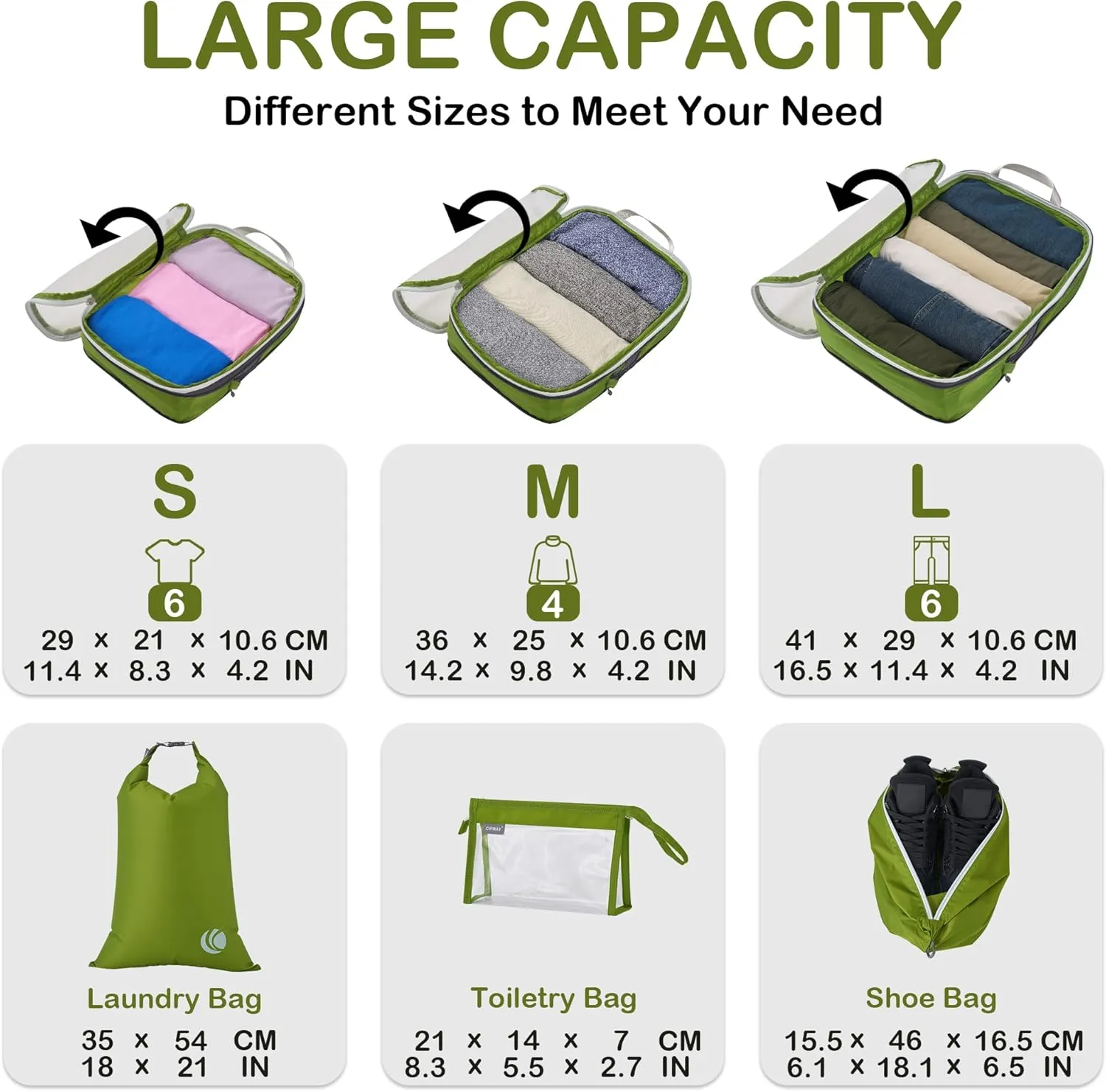 Cipway Compression Packing Cubes Mesh, Lightweight Luggage Organizer Bags with Laundry Bag,Toiletries Bag and Shoe Bag, Travel Essentials for Carry on Suitcase（8 Pcs,Green）