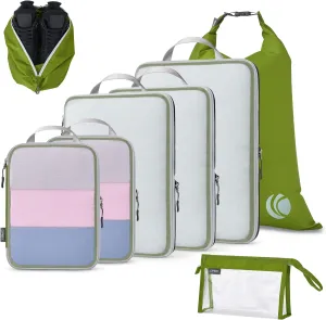 Cipway Compression Packing Cubes Mesh, Lightweight Luggage Organizer Bags with Laundry Bag,Toiletries Bag and Shoe Bag, Travel Essentials for Carry on Suitcase（8 Pcs,Green）
