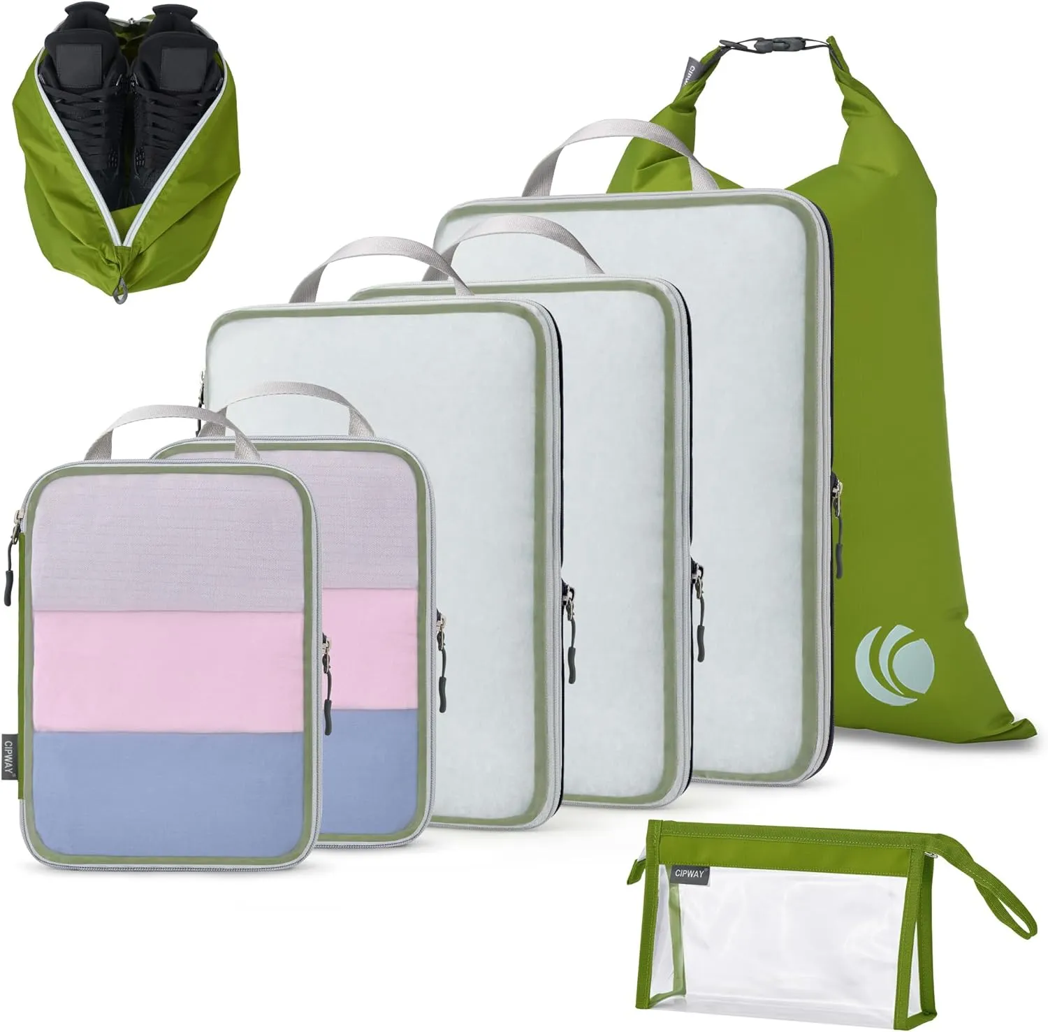 Cipway Compression Packing Cubes Mesh, Lightweight Luggage Organizer Bags with Laundry Bag,Toiletries Bag and Shoe Bag, Travel Essentials for Carry on Suitcase（8 Pcs,Green）