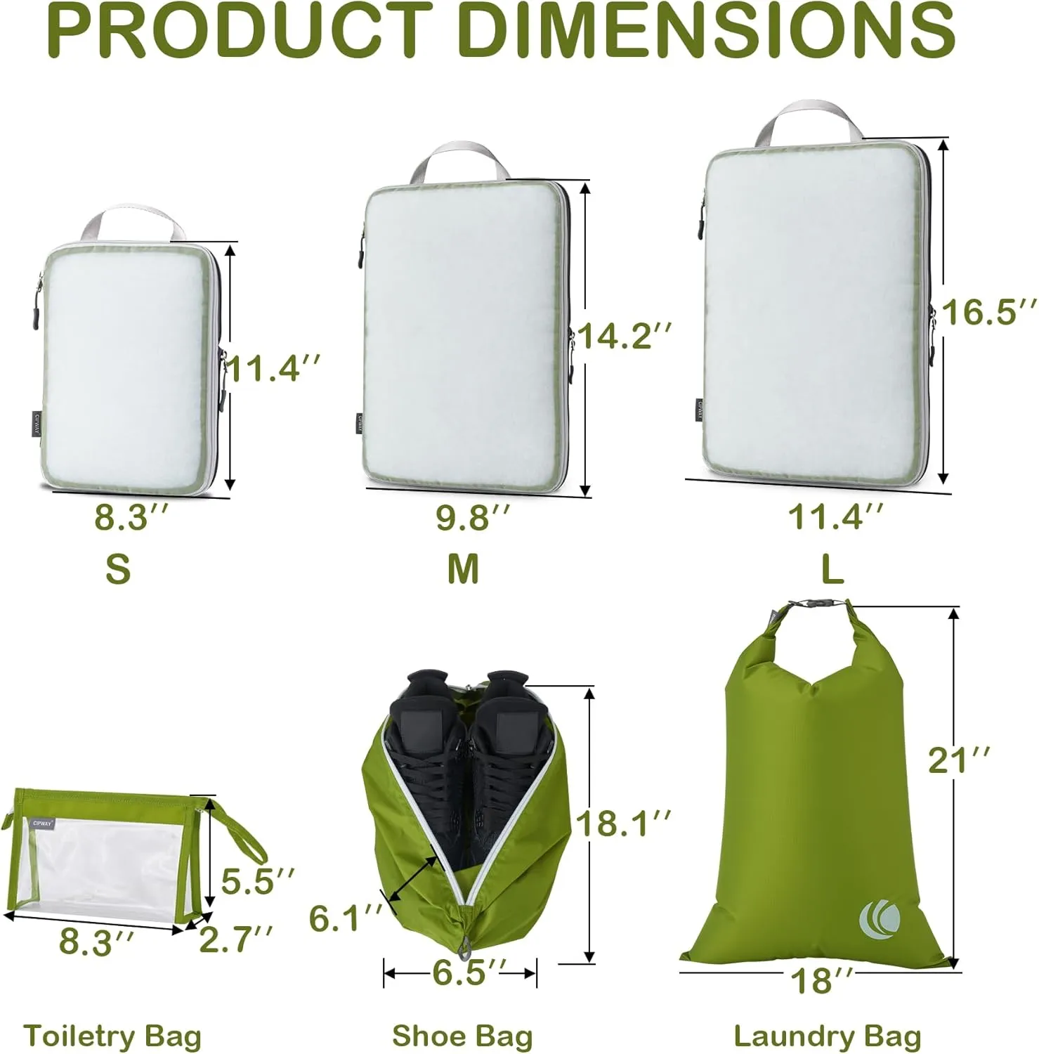 Cipway Compression Packing Cubes Mesh, Lightweight Luggage Organizer Bags with Laundry Bag,Toiletries Bag and Shoe Bag, Travel Essentials for Carry on Suitcase（8 Pcs,Green）