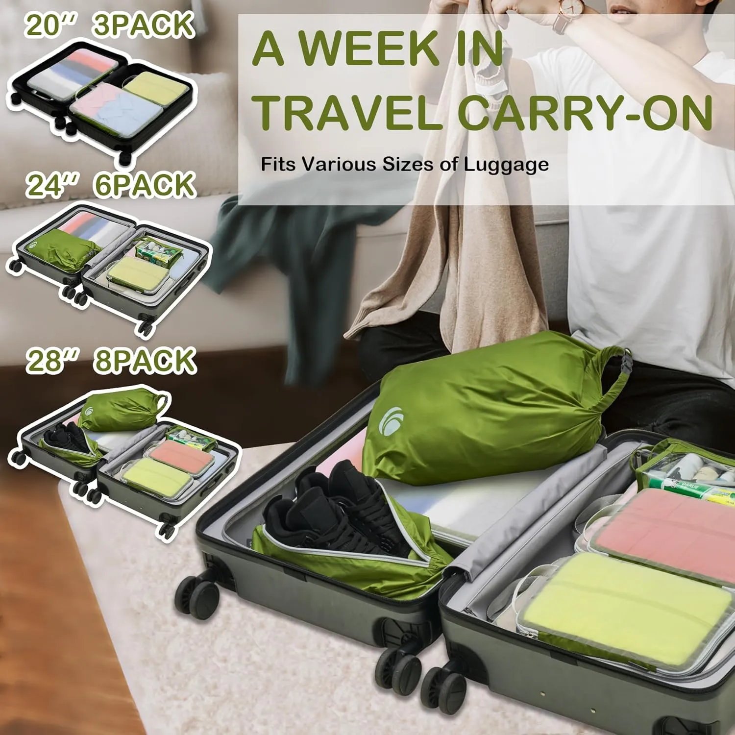 Cipway Compression Packing Cubes Mesh, Lightweight Luggage Organizer Bags with Laundry Bag,Toiletries Bag and Shoe Bag, Travel Essentials for Carry on Suitcase（8 Pcs,Green）