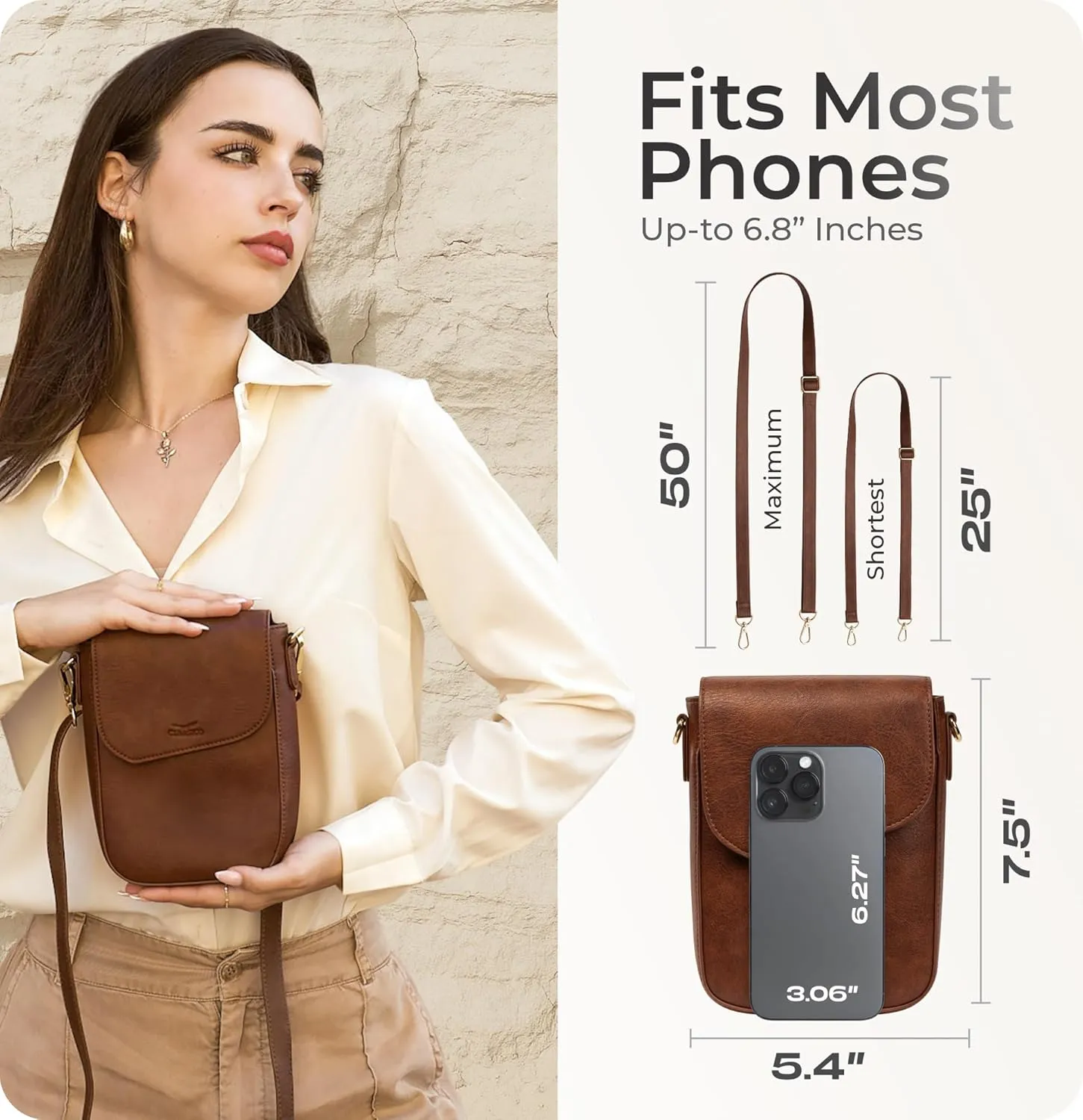 Claasico Crossbody Bag for Women, RFID Phone Purse, Card Slots Coin Pocket w/strap, Phone Holder PU Leather Crossbody Purse