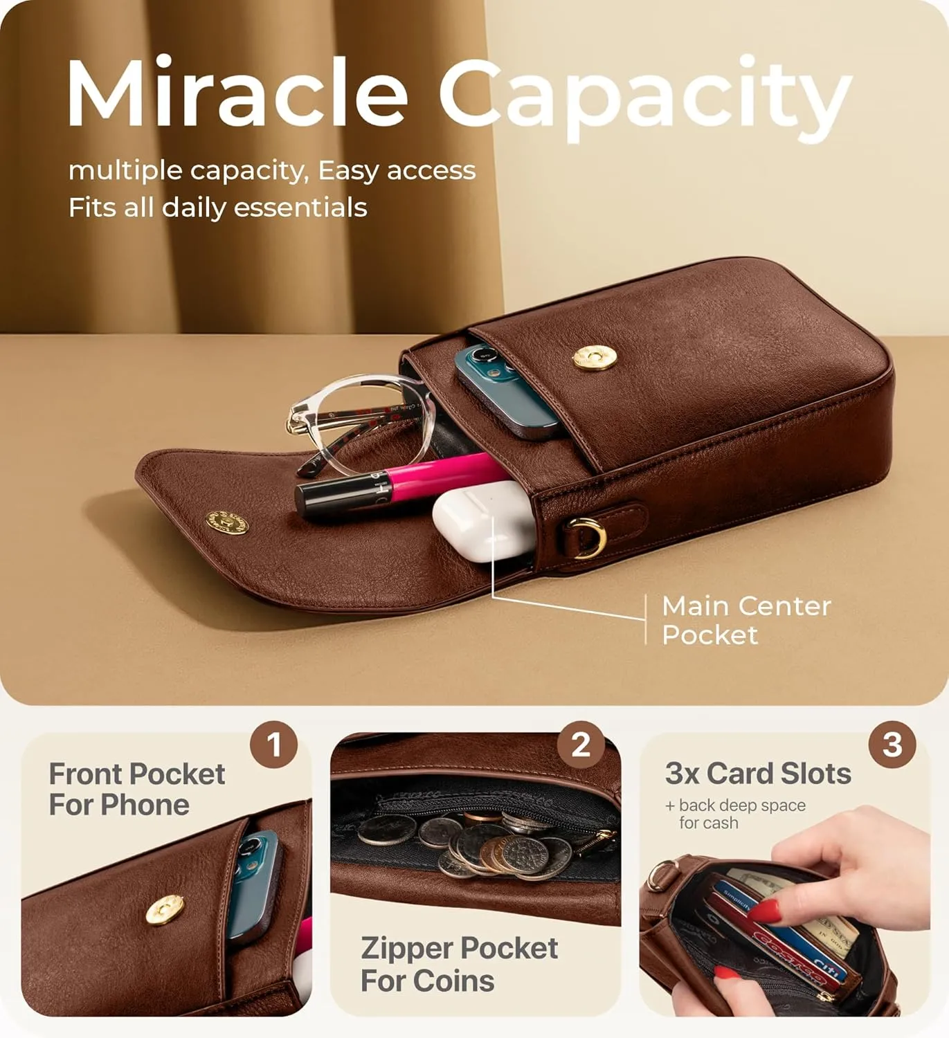 Claasico Crossbody Bag for Women, RFID Phone Purse, Card Slots Coin Pocket w/strap, Phone Holder PU Leather Crossbody Purse