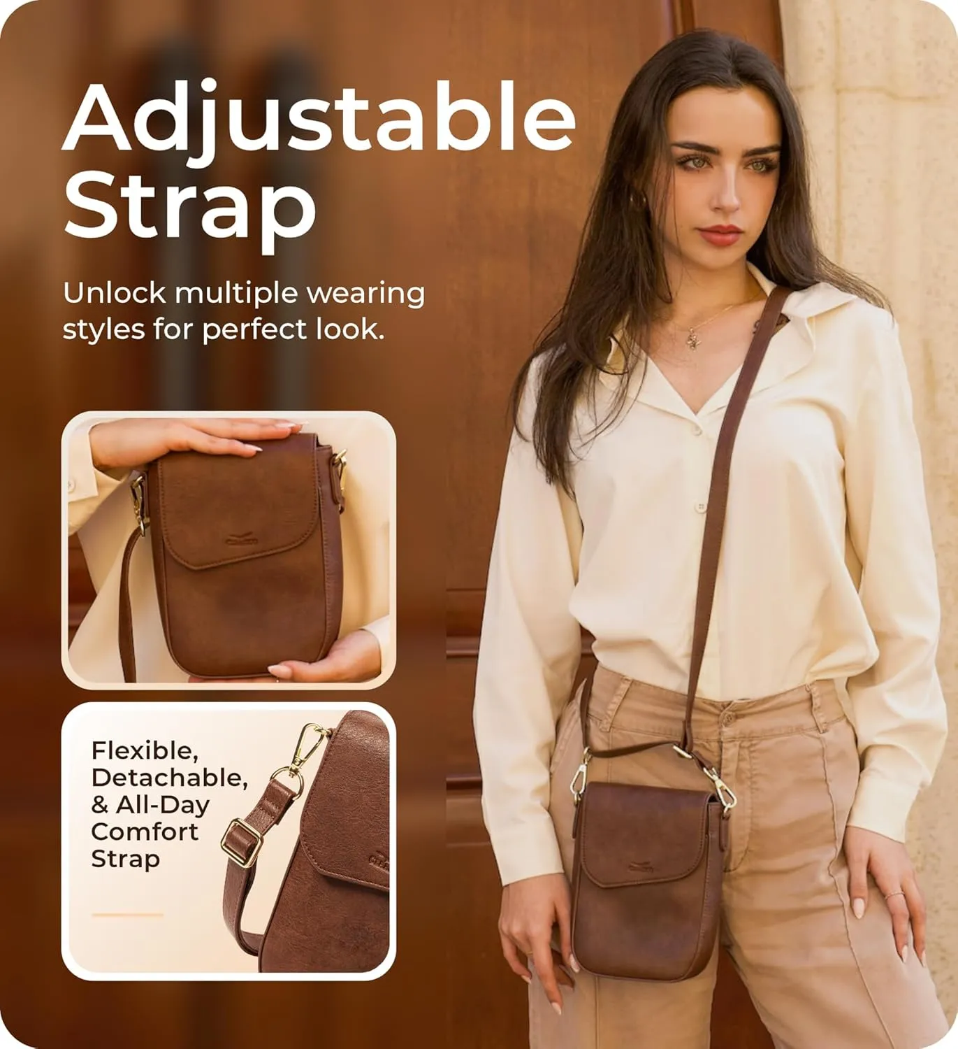 Claasico Crossbody Bag for Women, RFID Phone Purse, Card Slots Coin Pocket w/strap, Phone Holder PU Leather Crossbody Purse