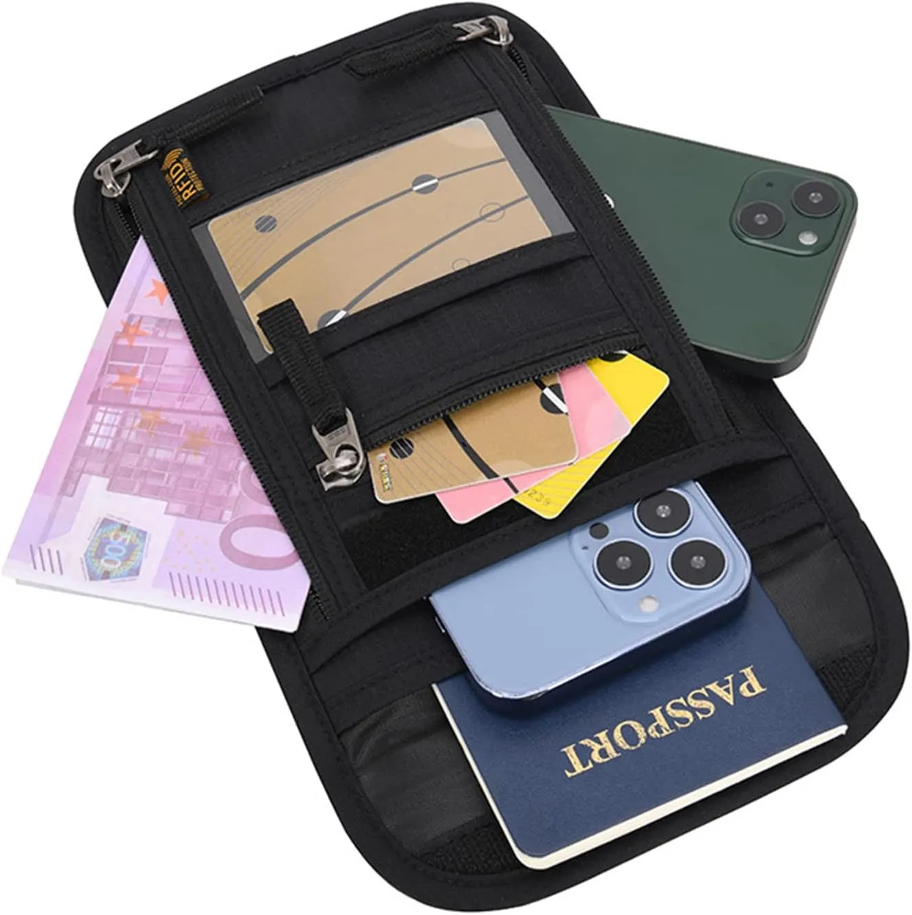 CLAPE Travel Neck Wallet Slim Minimalist Design Security Neck Pouch RFID Blocking Passport Holder Cell Phone Purse,Green