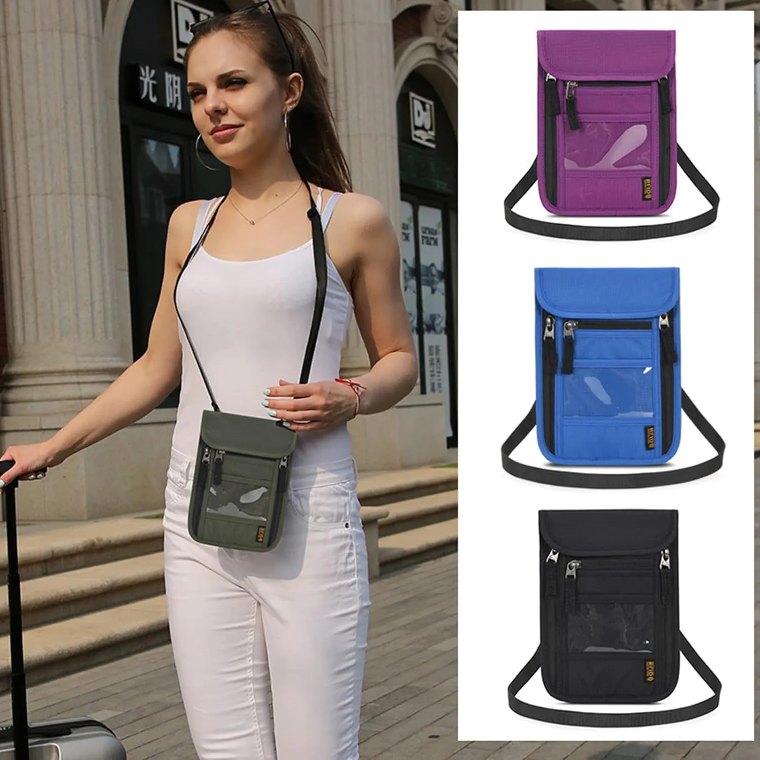 CLAPE Travel Neck Wallet Slim Minimalist Design Security Neck Pouch RFID Blocking Passport Holder Cell Phone Purse,Green