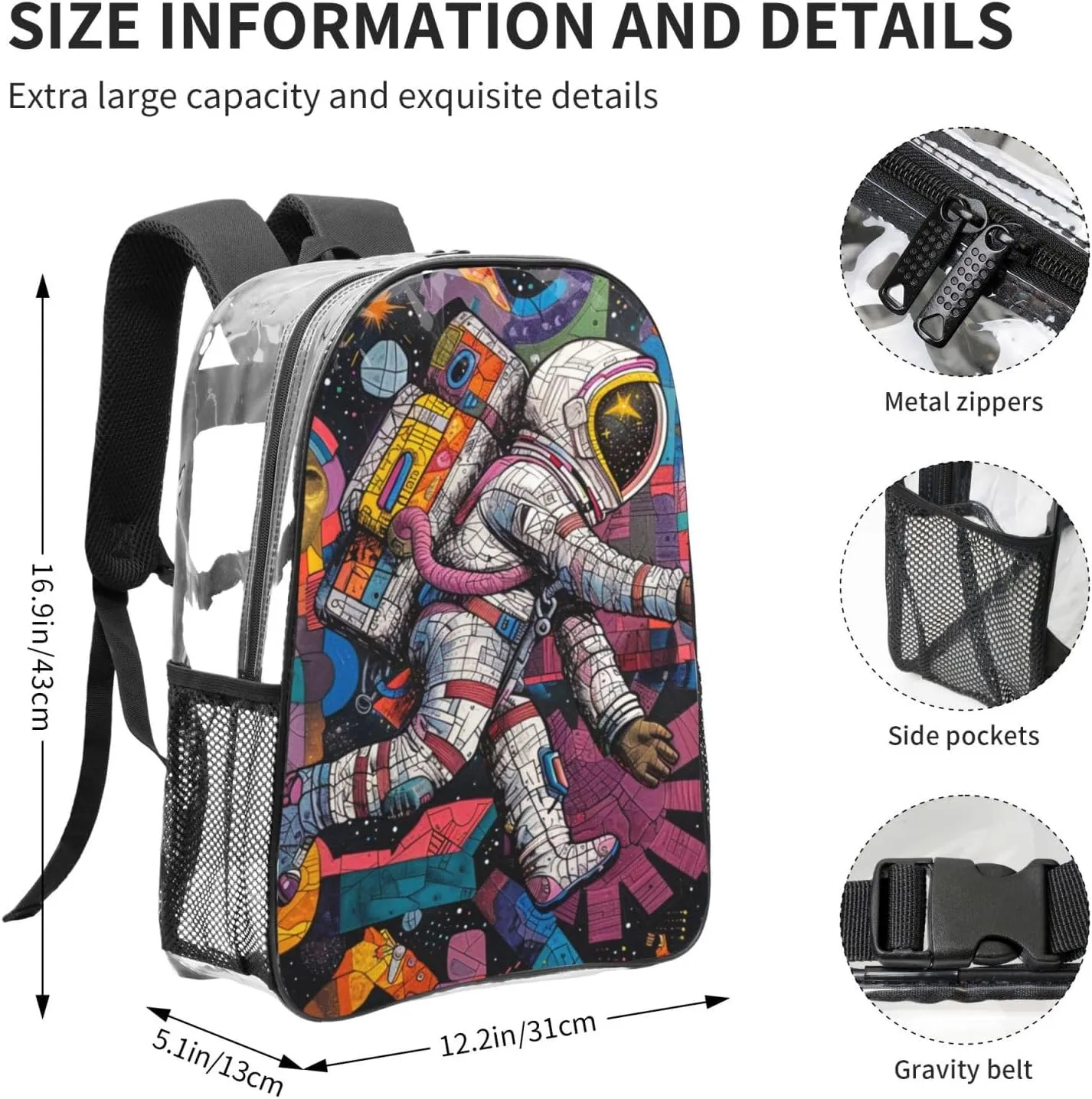 Clear Backpack Heavy Duty PVC Transparent Bookbag Astronauts and Space Backpack Daypack Laptop Backpack