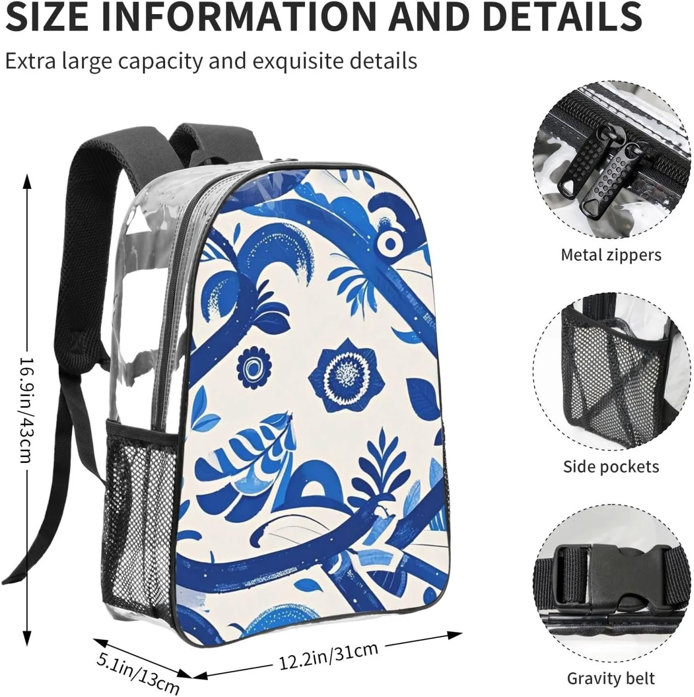 Clear Backpack Heavy Duty PVC Transparent Bookbag blue and white Backpack Daypack Laptop Backpack