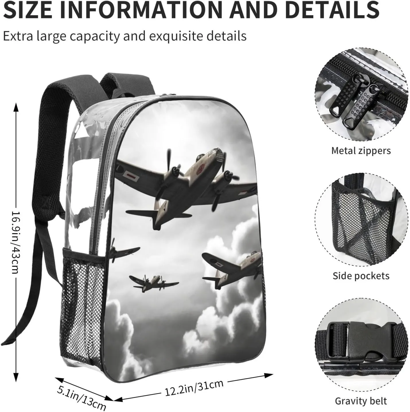Clear Backpack Heavy Duty PVC Transparent Bookbag World War 2 Backpack Daypack Laptop Backpack