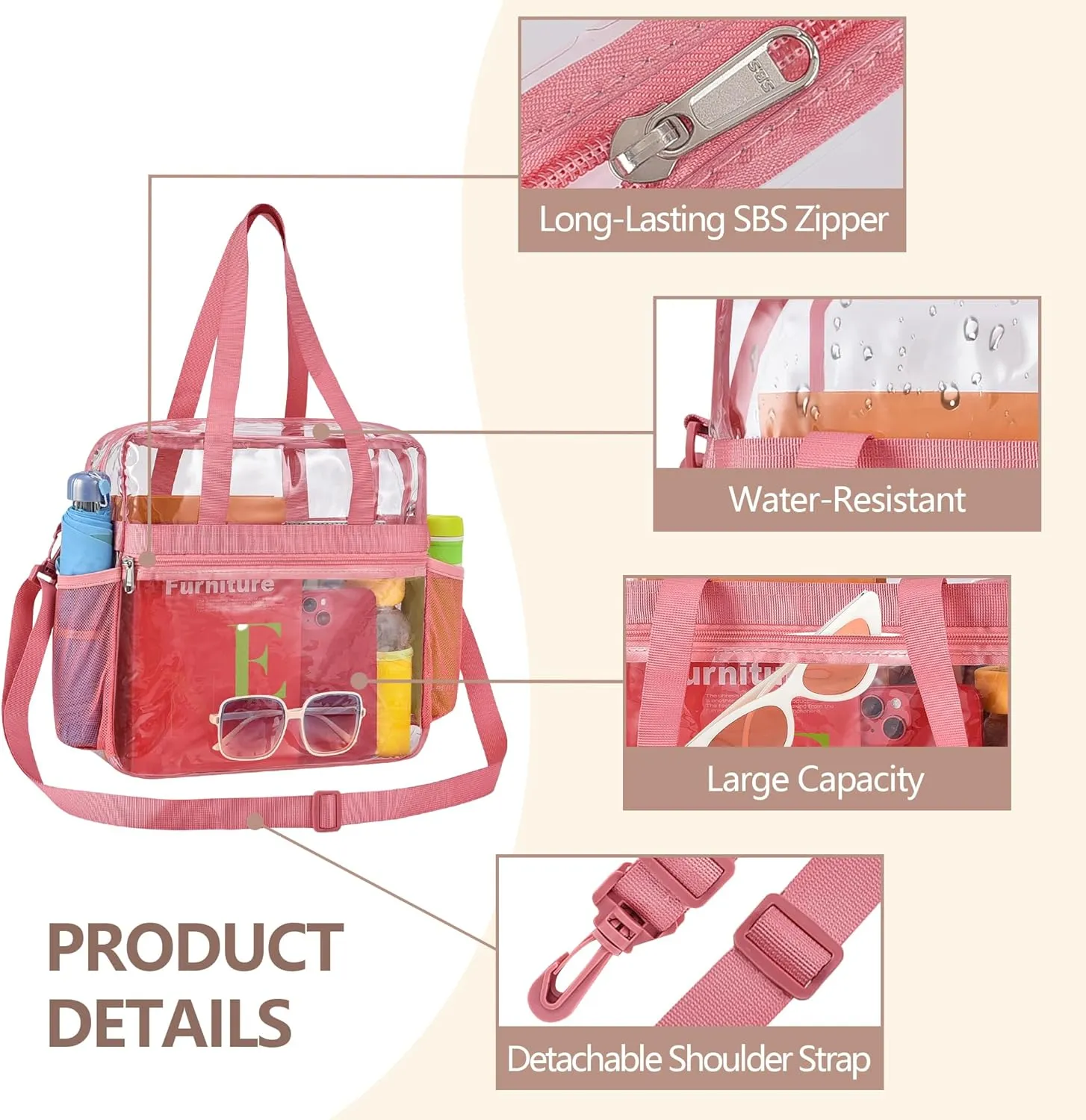 Clear Bag for Stadium Events - 12x6x12, Transparent Sports Bag with Reinforced Shoulder Straps