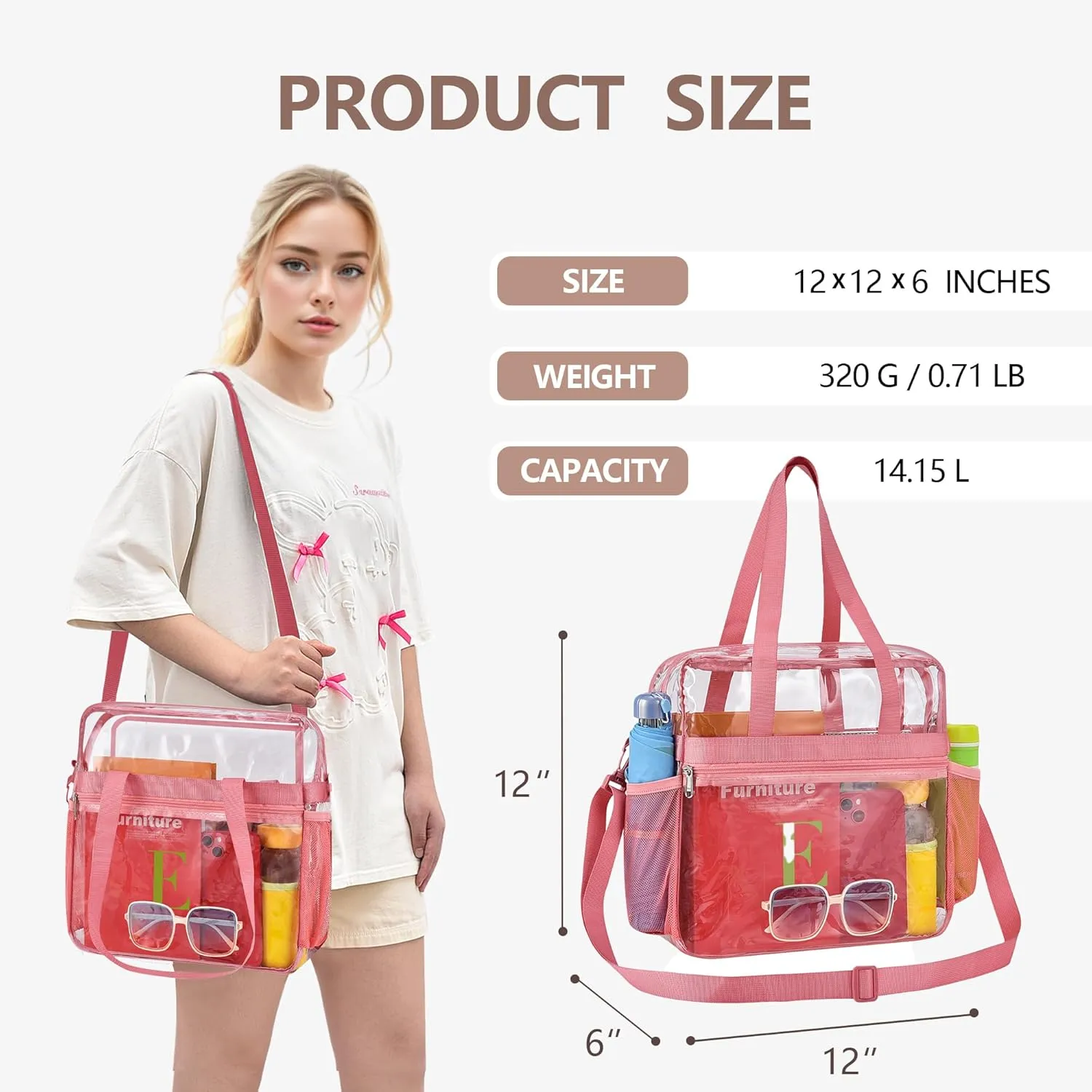 Clear Bag for Stadium Events - 12x6x12, Transparent Sports Bag with Reinforced Shoulder Straps