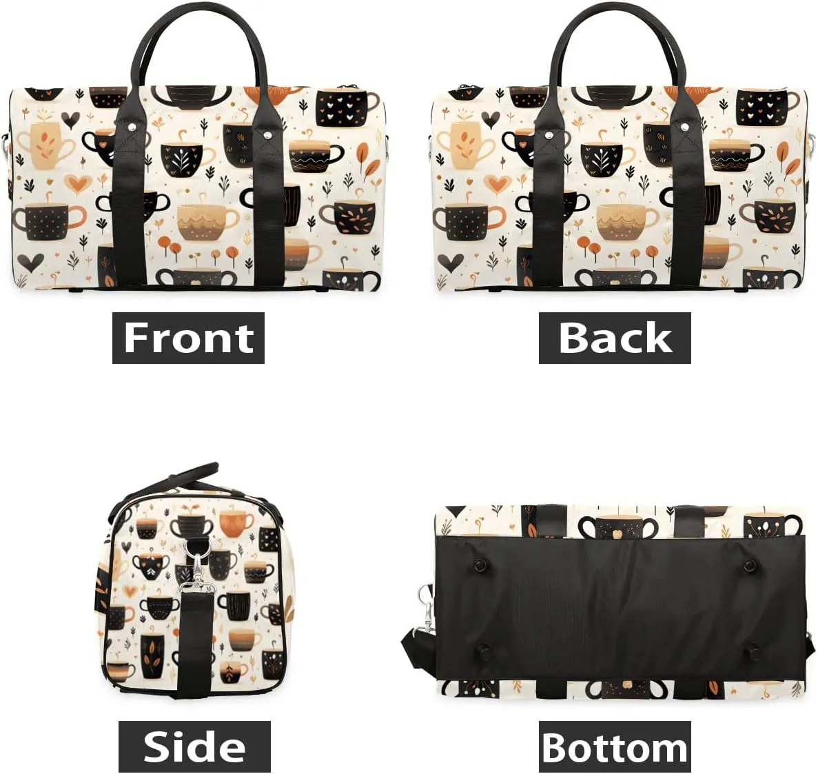 Coffee Theme Travel Duffel Bag for Women Men Waterproof Foldable Overnight Weekender Bag Large Capacity Sports Gym Bag
