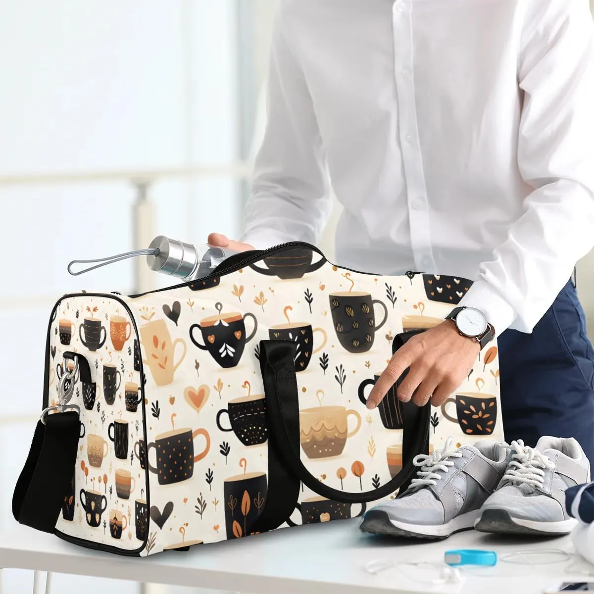 Coffee Theme Travel Duffel Bag for Women Men Waterproof Foldable Overnight Weekender Bag Large Capacity Sports Gym Bag