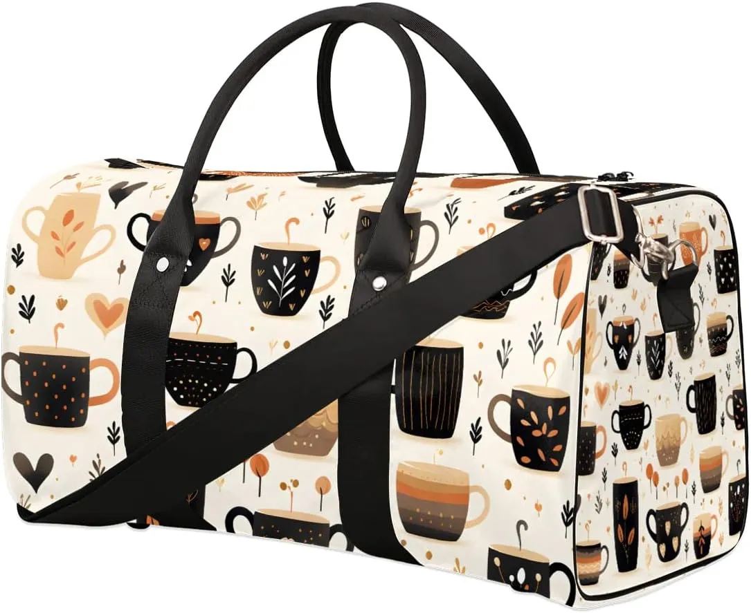 Coffee Theme Travel Duffel Bag for Women Men Waterproof Foldable Overnight Weekender Bag Large Capacity Sports Gym Bag