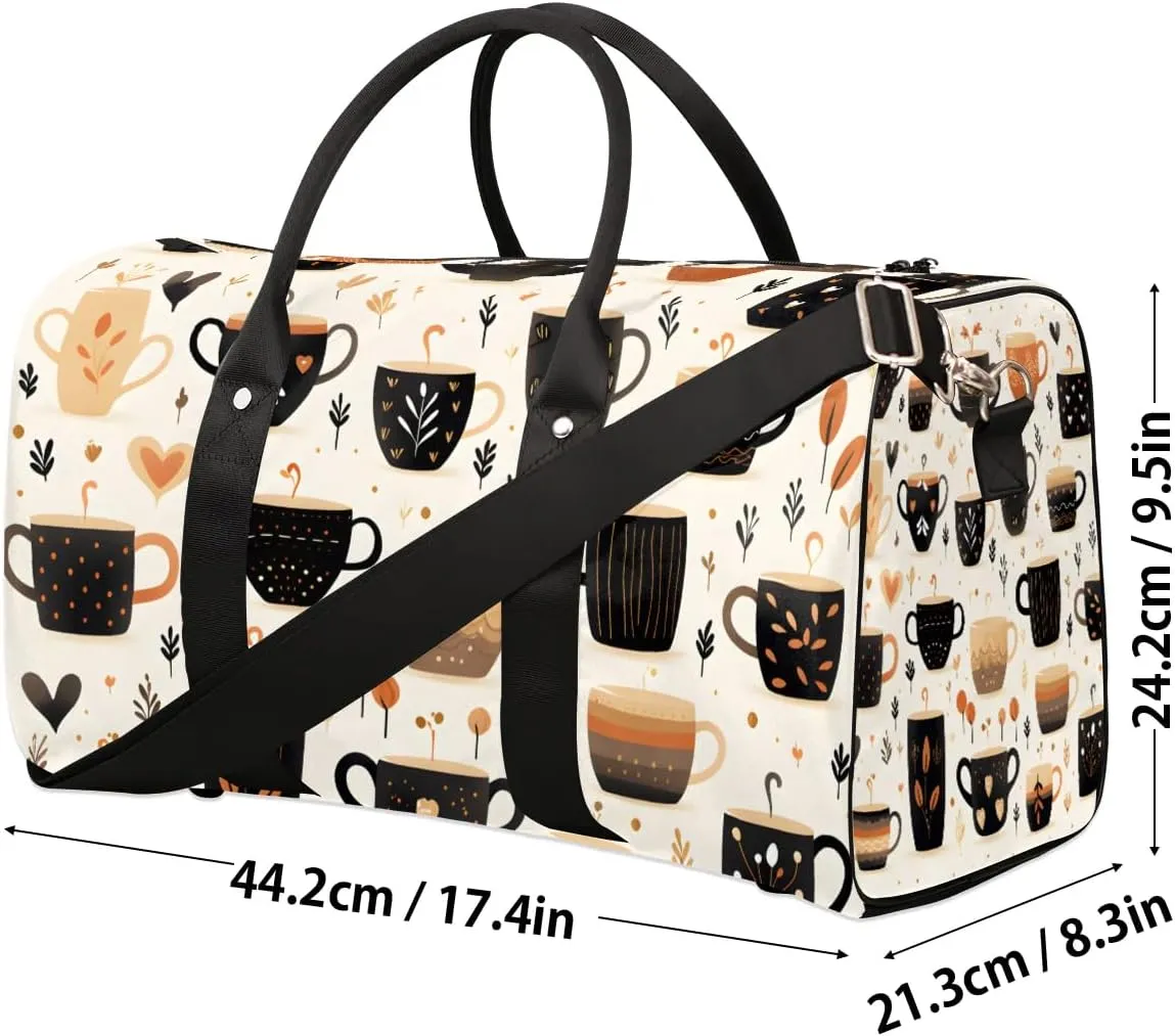 Coffee Theme Travel Duffel Bag for Women Men Waterproof Foldable Overnight Weekender Bag Large Capacity Sports Gym Bag