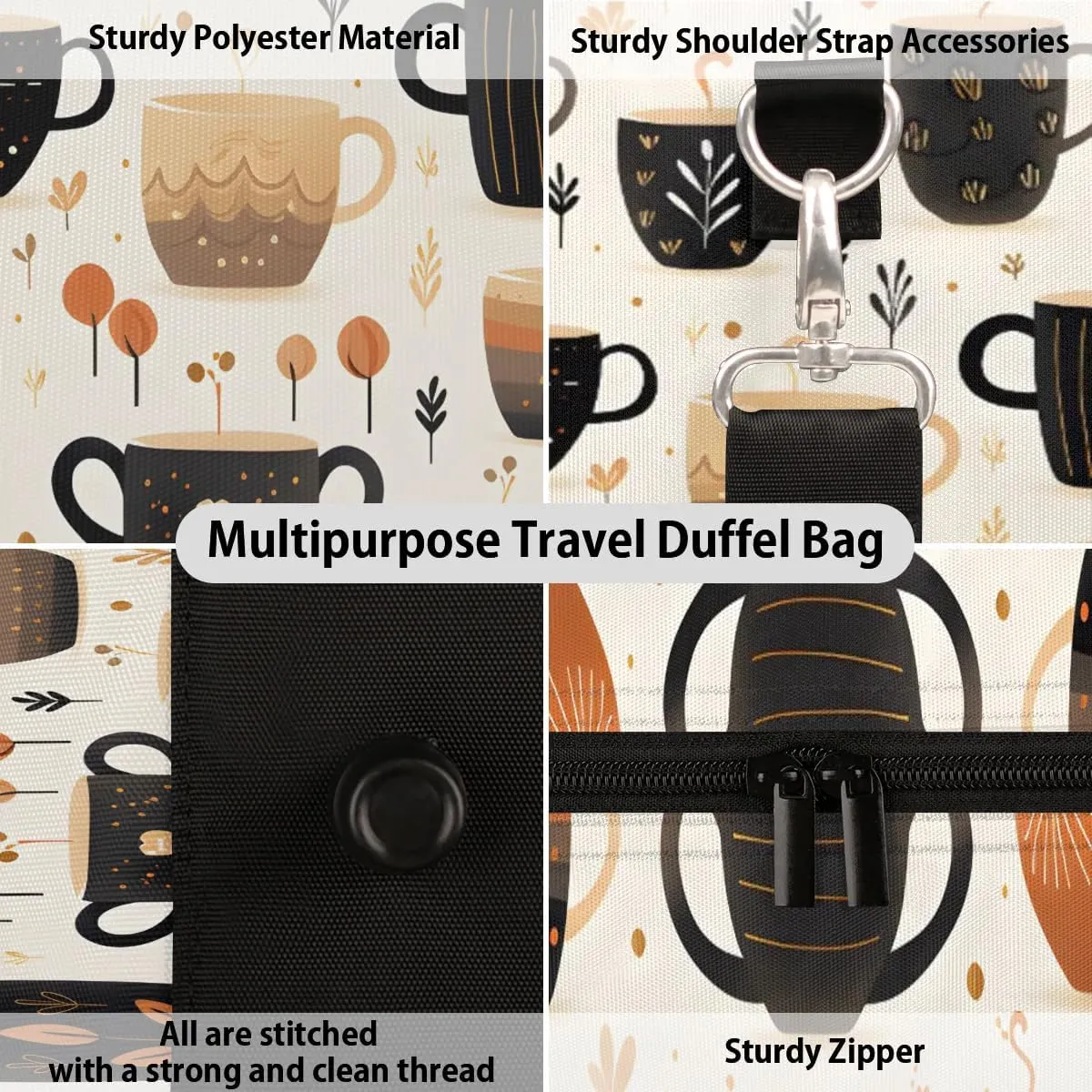 Coffee Theme Travel Duffel Bag for Women Men Waterproof Foldable Overnight Weekender Bag Large Capacity Sports Gym Bag