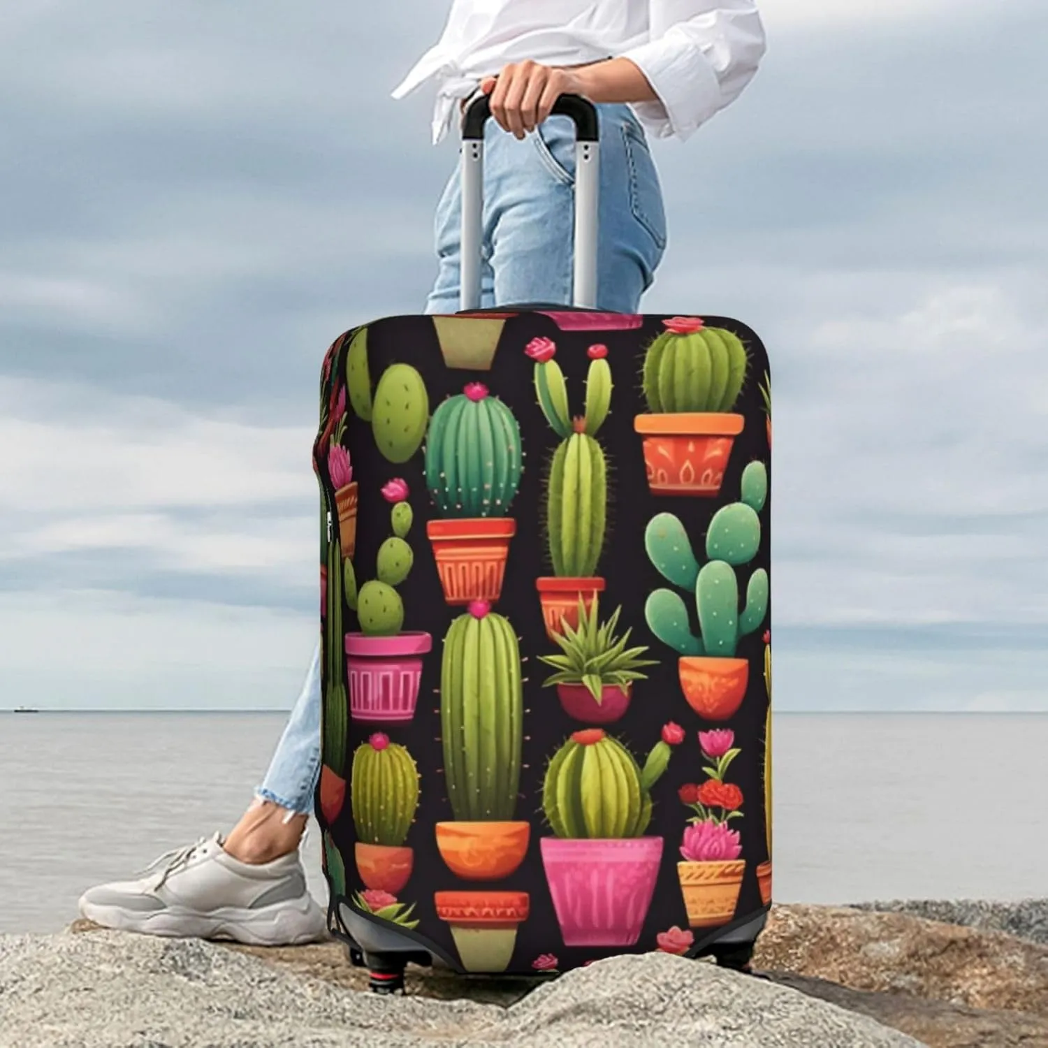 Colorful Cactus Succulent Travel Luggage Cover Fits 18-32 Inch Luggage, Elastic Suitcase Cover Protector with Concealed Zipper for Wheeled Suitcase Tsa Approved