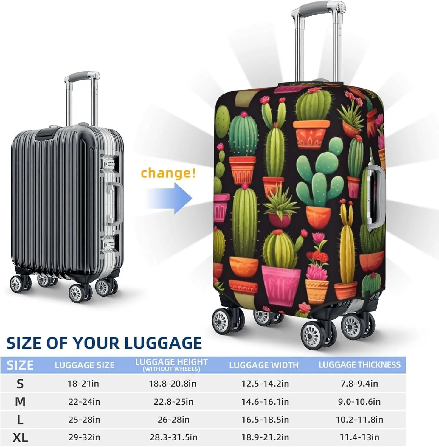 Colorful Cactus Succulent Travel Luggage Cover Fits 18-32 Inch Luggage, Elastic Suitcase Cover Protector with Concealed Zipper for Wheeled Suitcase Tsa Approved