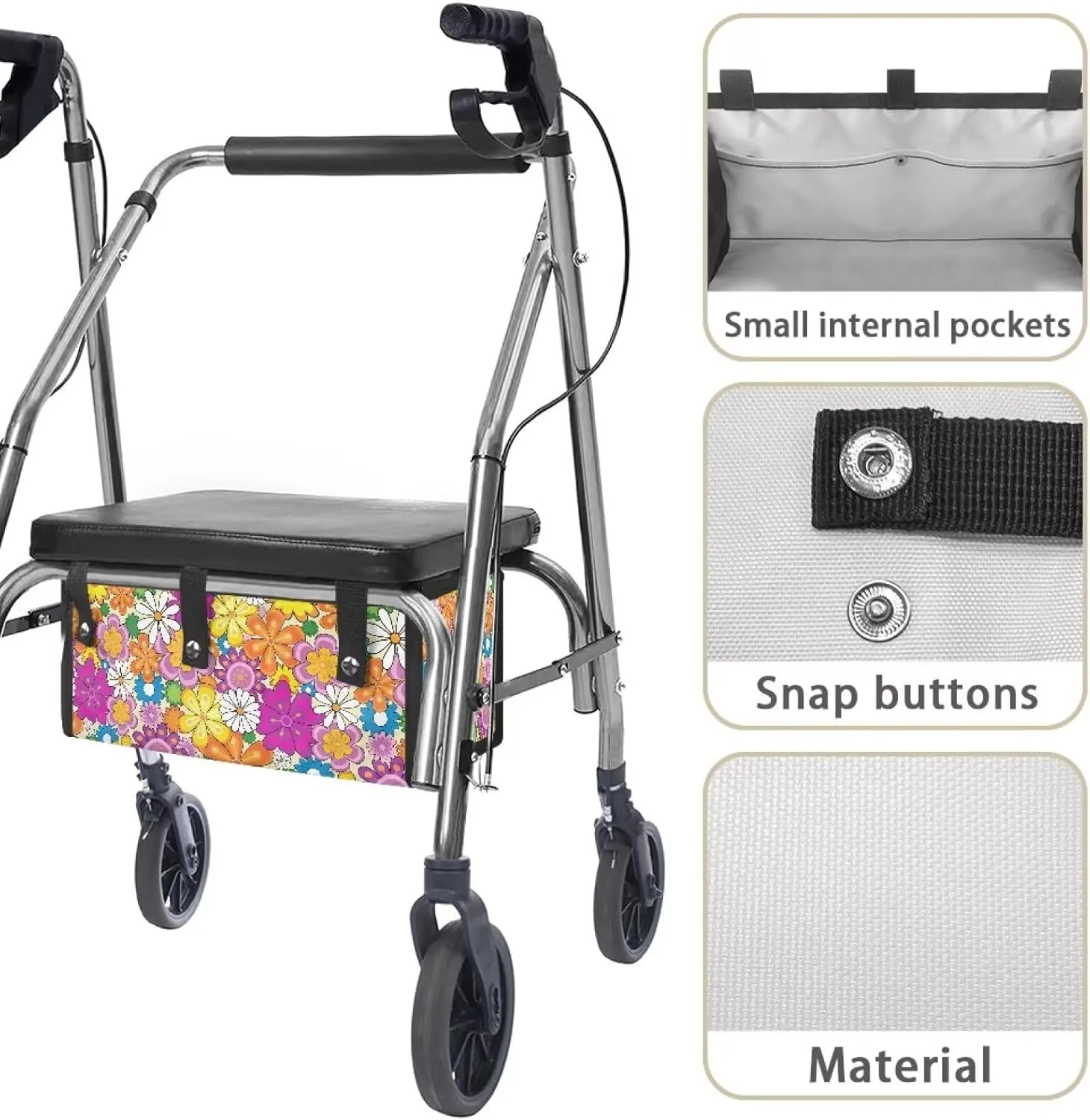 Colorful Hippie Flower Walker Storage Bag Under Seat with Small Internal Pockets,Wheelchair Basket Accessories for Folding Rolling Walkers