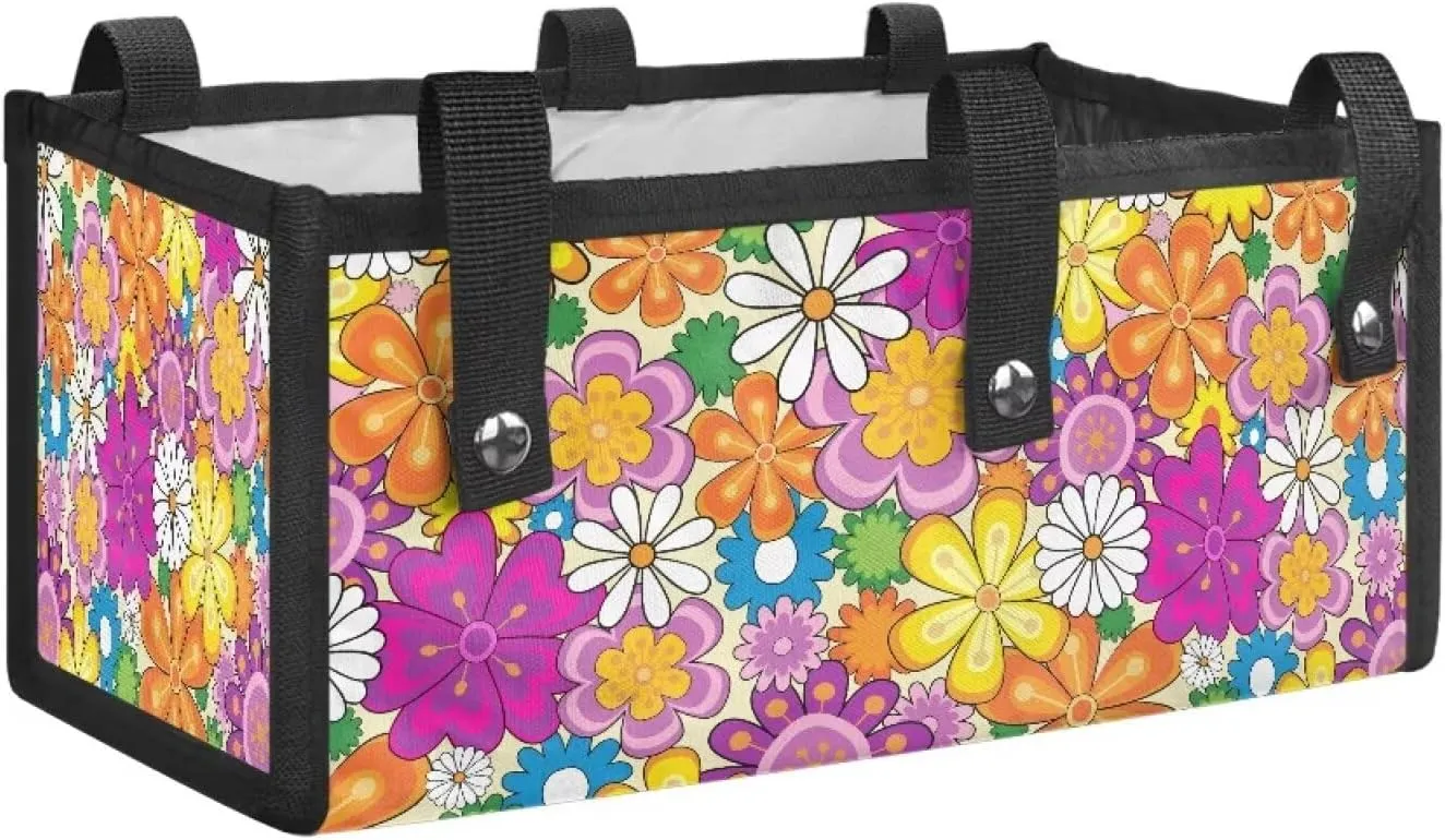 Colorful Hippie Flower Walker Storage Bag Under Seat with Small Internal Pockets,Wheelchair Basket Accessories for Folding Rolling Walkers