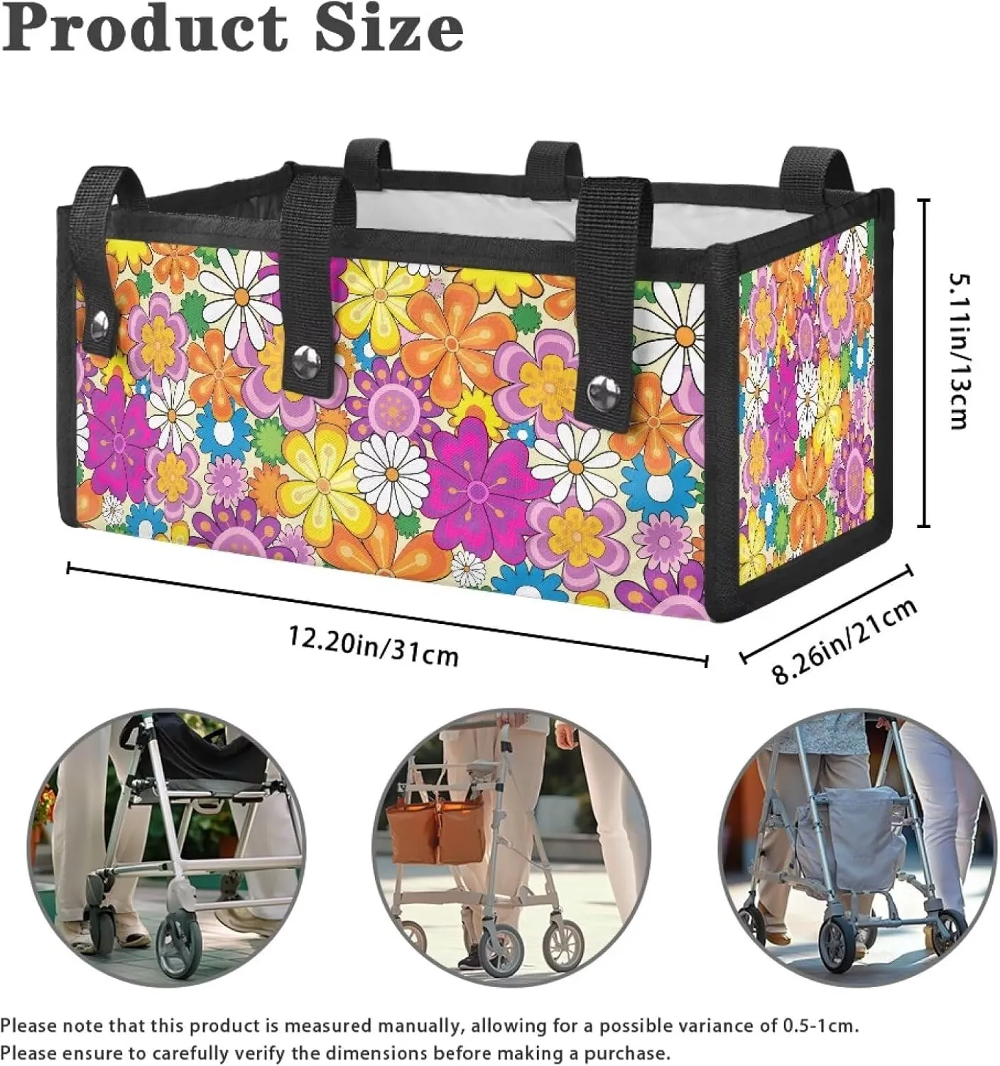 Colorful Hippie Flower Walker Storage Bag Under Seat with Small Internal Pockets,Wheelchair Basket Accessories for Folding Rolling Walkers